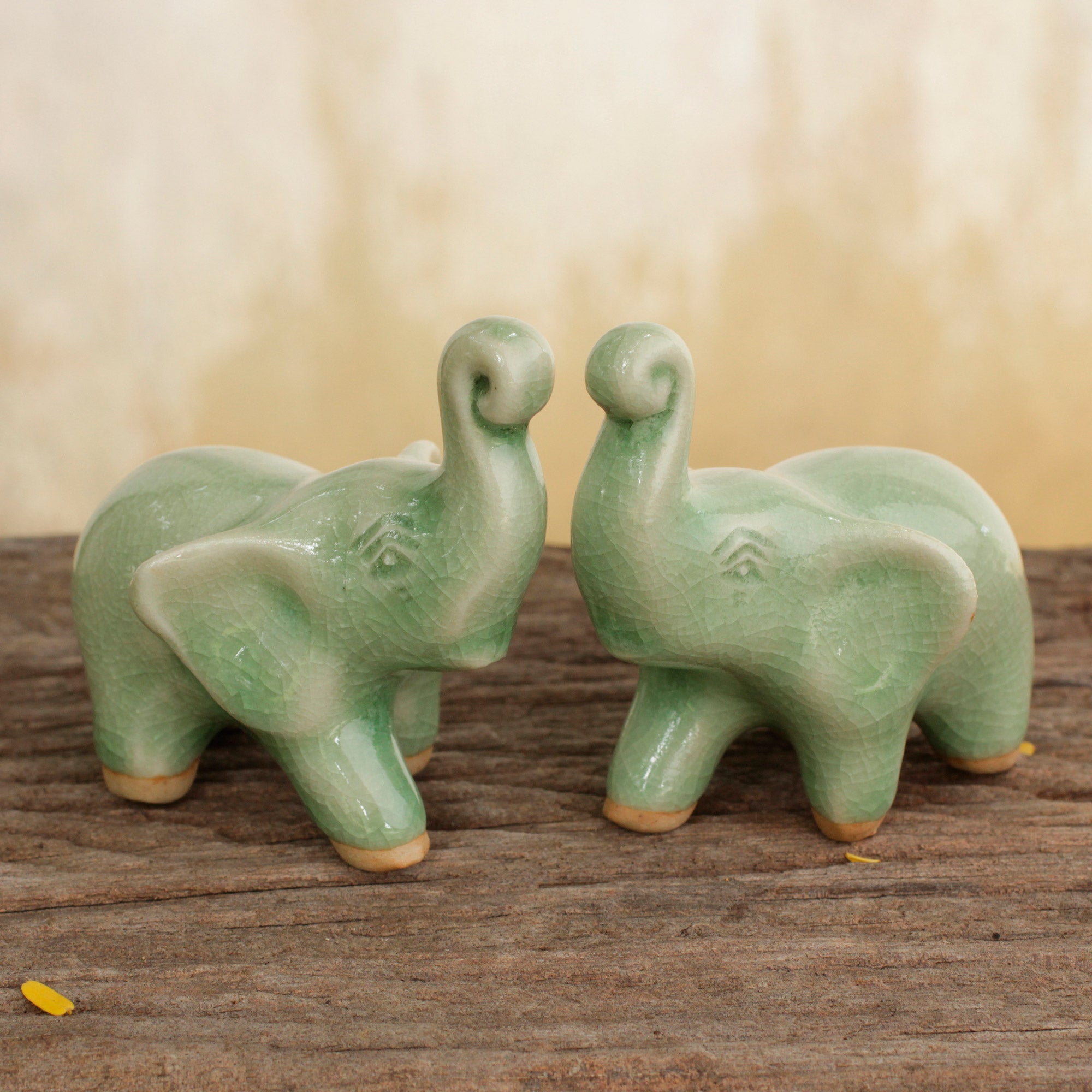 Premium Lucky Green Elephant Ceramic Figurines - Handmade Thai Art
