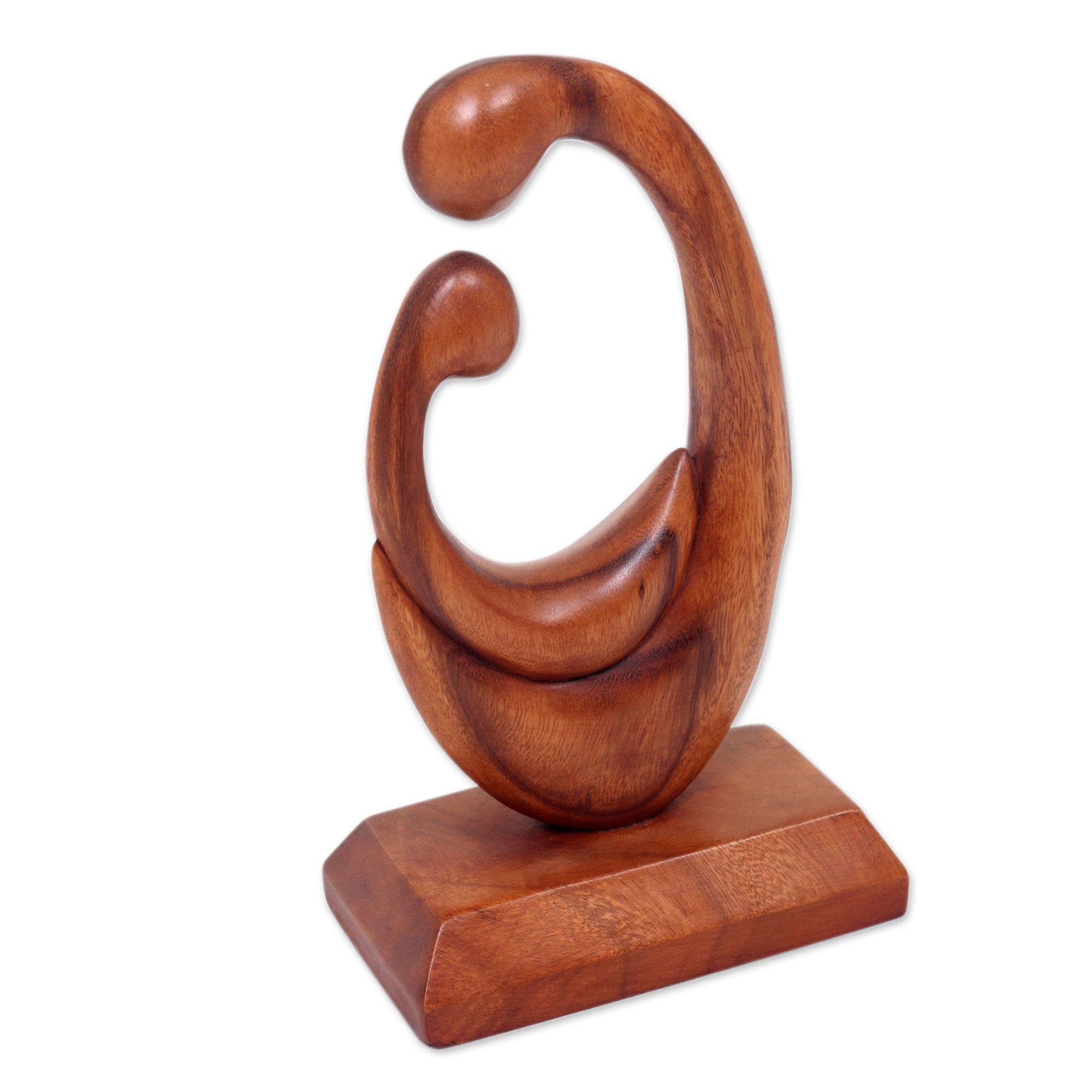 Premium Hand-Carved Mother and Child Wood Sculpture - Balinese Artisan Signed