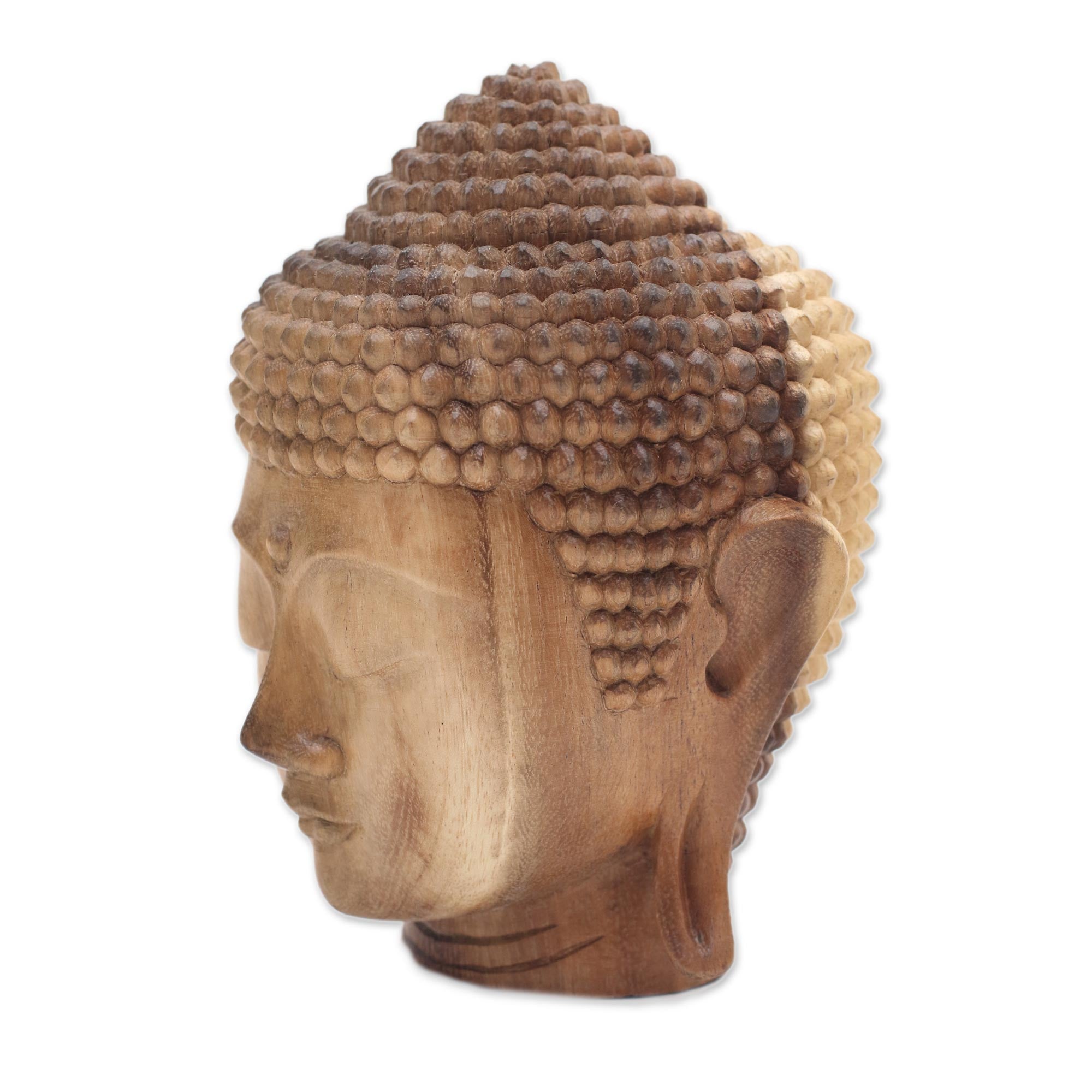 Premium Hand-Carved Suar Wood Buddha Head Sculpture - Serene Art from Bali