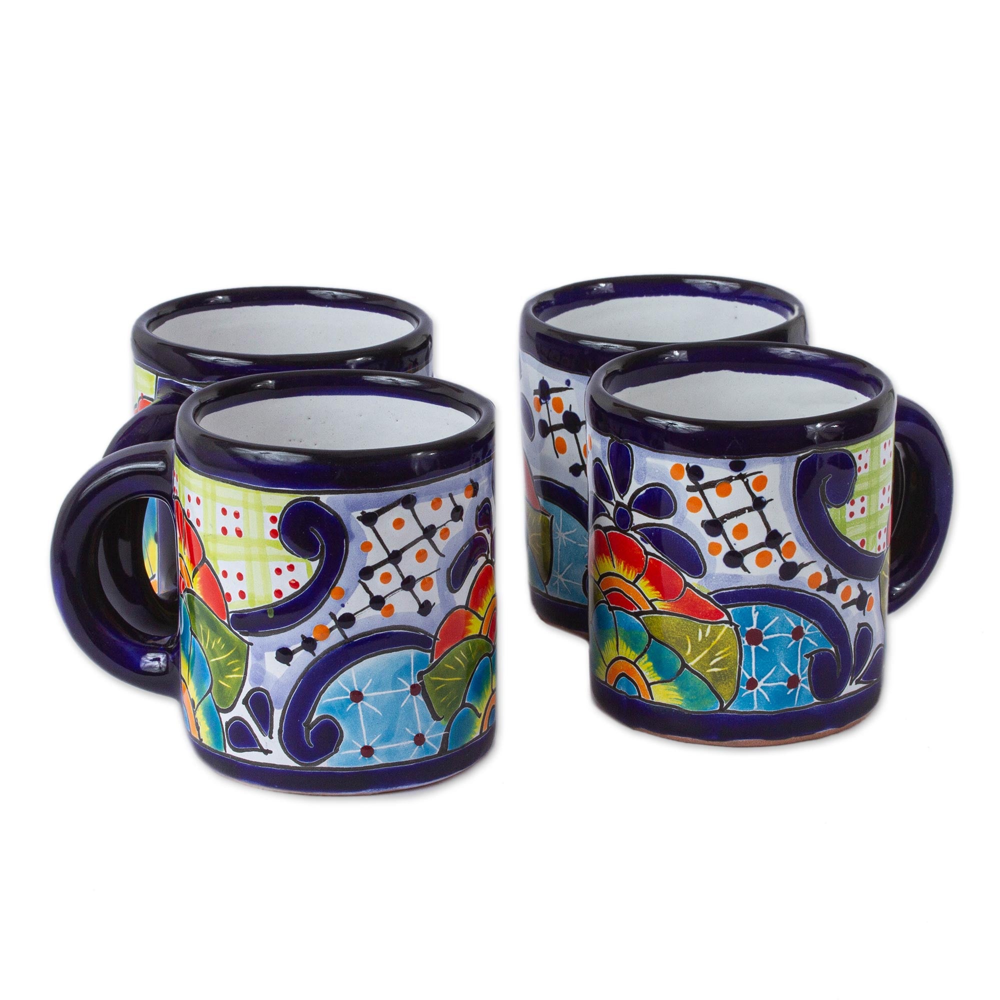 Premium Raining Flowers Collection: Set of 4 Handcrafted Mexican Talavera Floral Ceramic Mugs