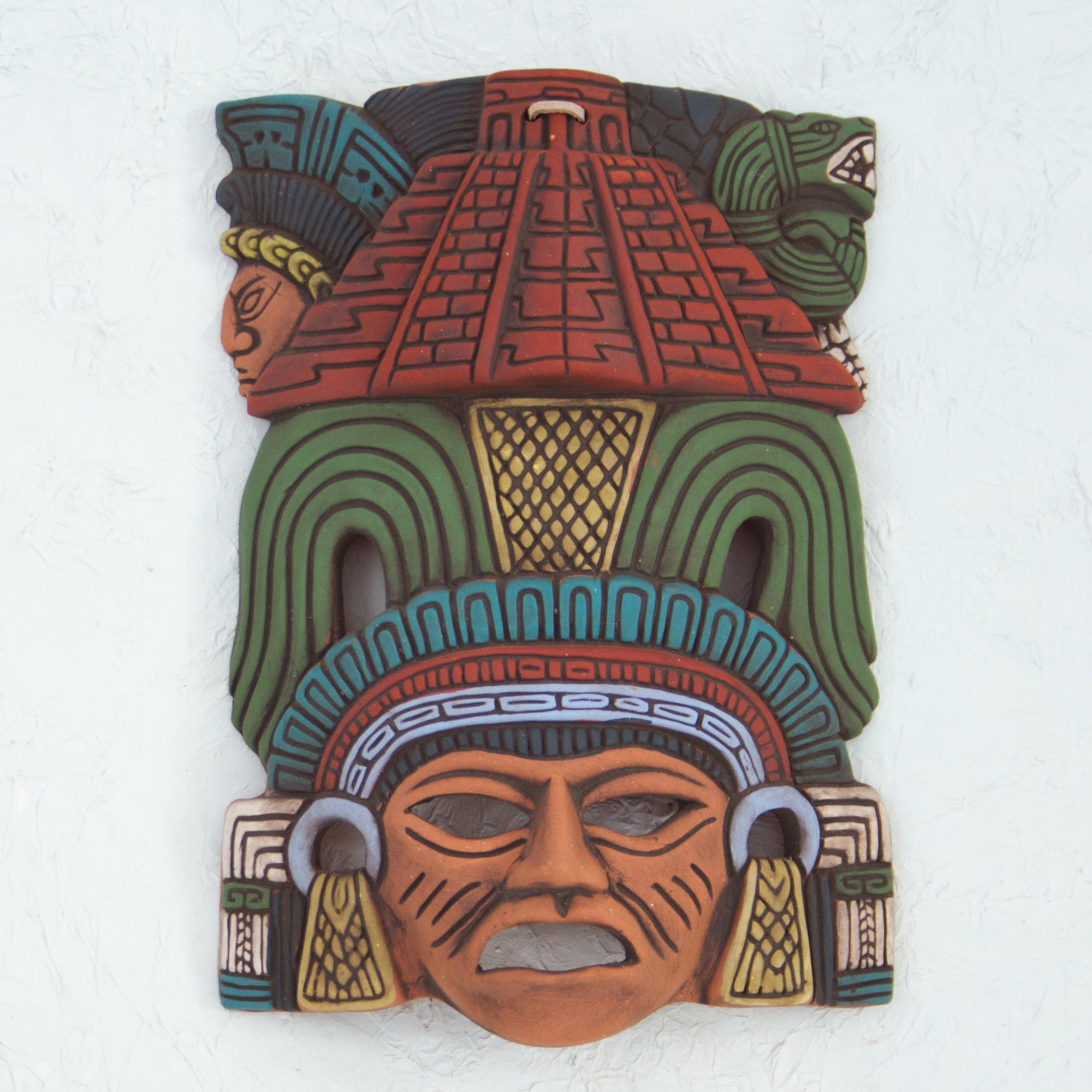 Premium Hand-Painted Mayan Pyramid Ceramic Wall Mask | Authentic Mexican Art