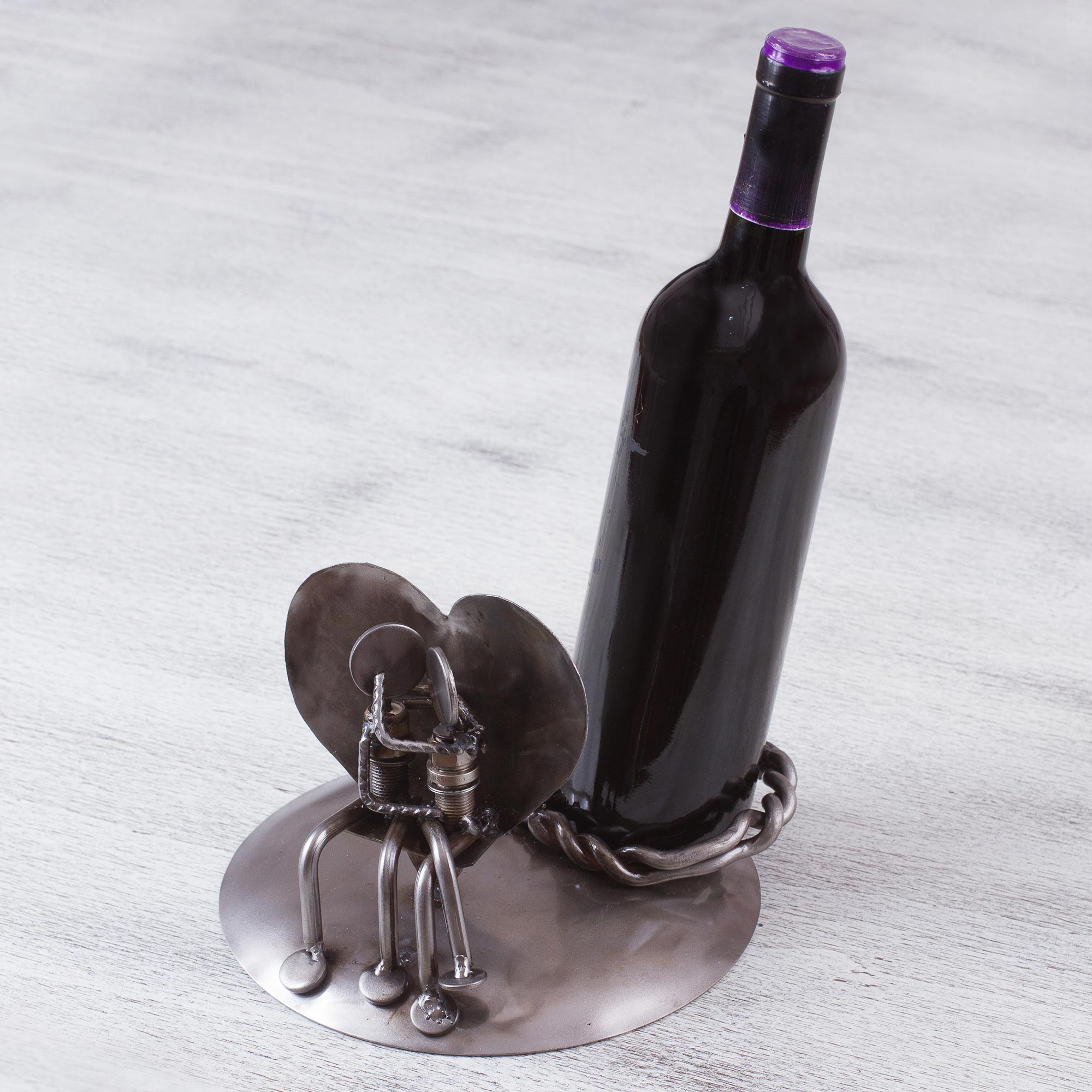 Premium Rustic Romance Wine Bottle Holder - Handcrafted Recycled Metal Sculpture from Mexico