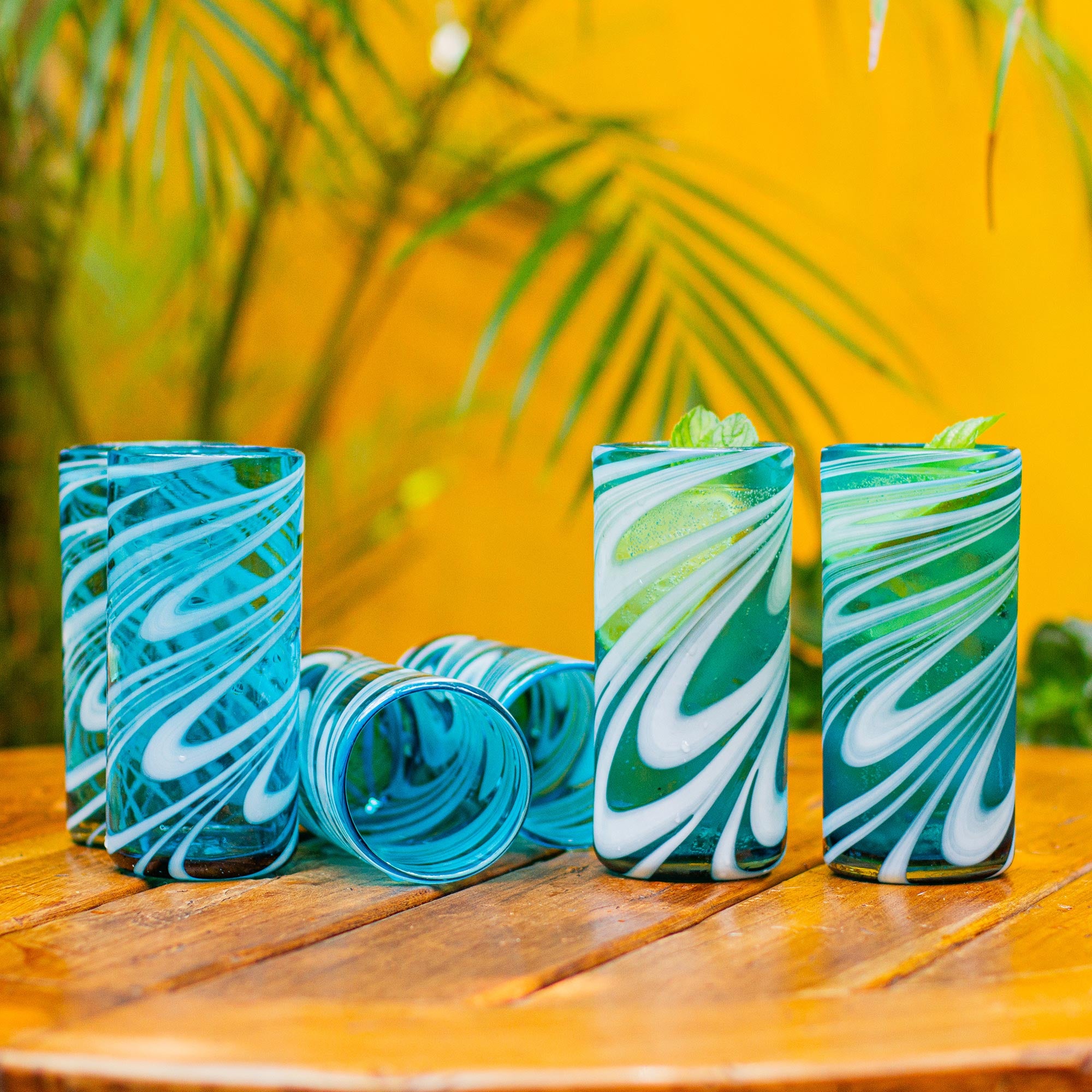 Premium Whirling Aquamarine Hand-Blown Highball Glasses - Set of 6