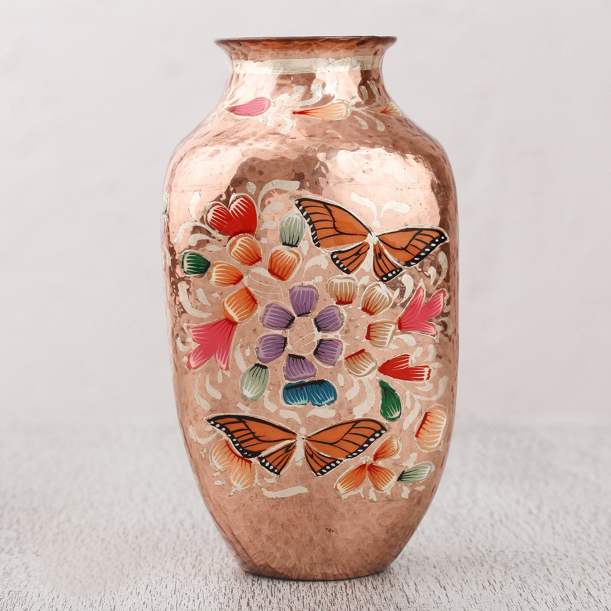 Premium Handcrafted Copper & Gold Leaf Butterfly Vase - Mexican Artisan Masterpiece