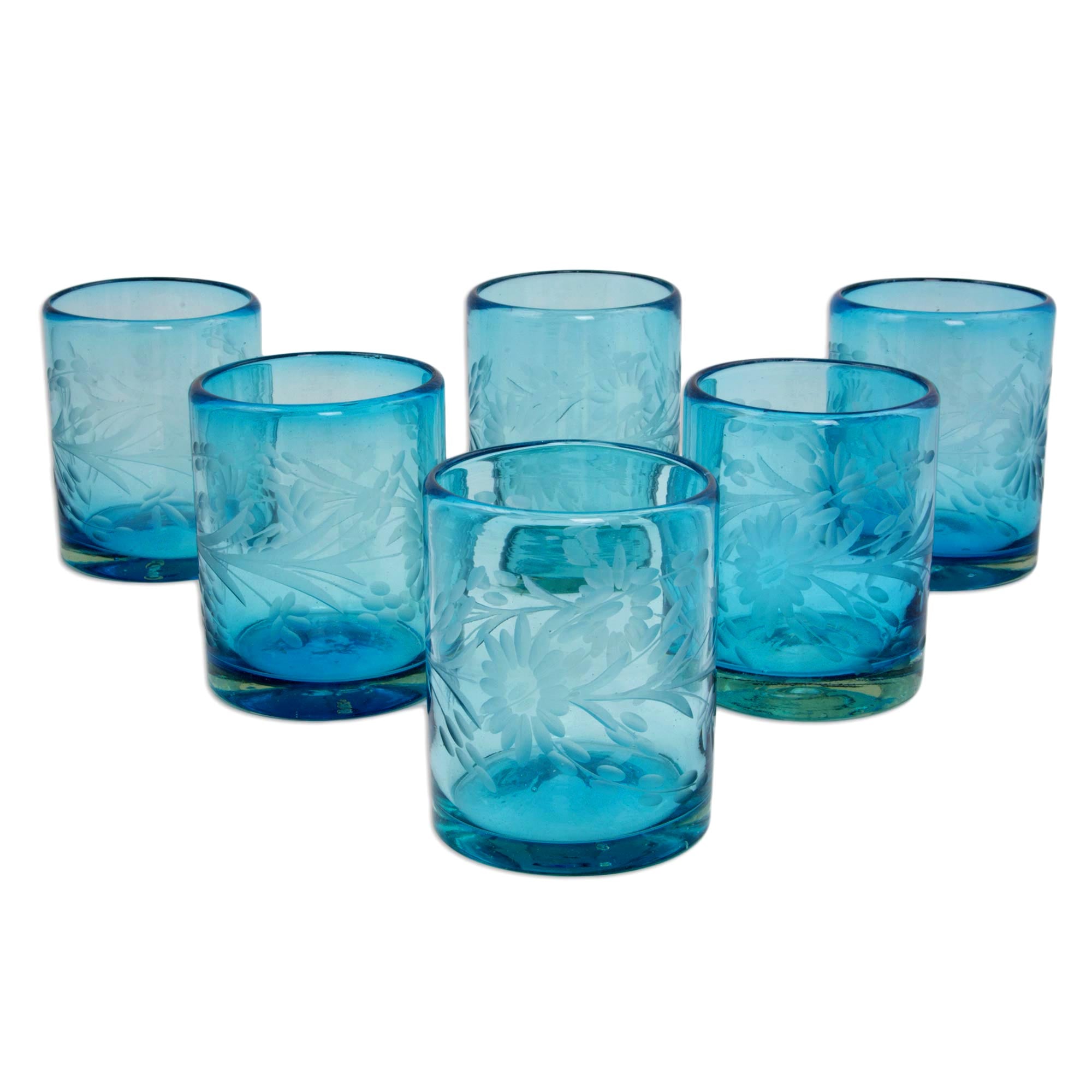 Premium Aquamarine Sunflower Engraved Hand-Blown Rocks Glass Set of 6 - Ultimate Craftsmanship