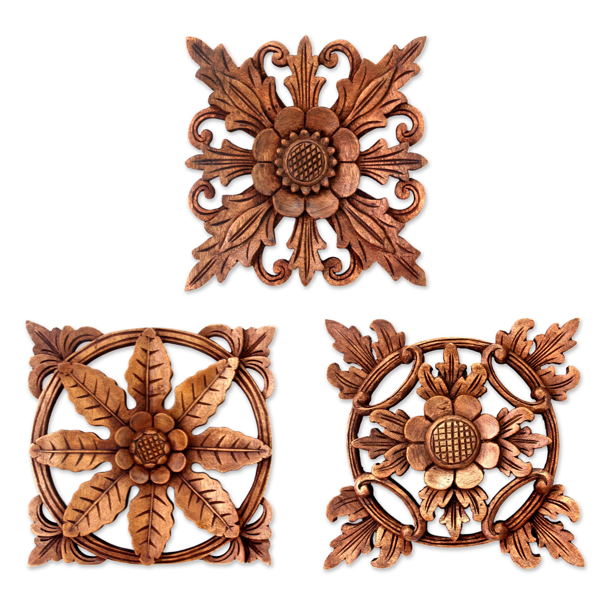 Premium Balinese Flower Wood Wall Panels - Handcrafted Suar Wood Trio