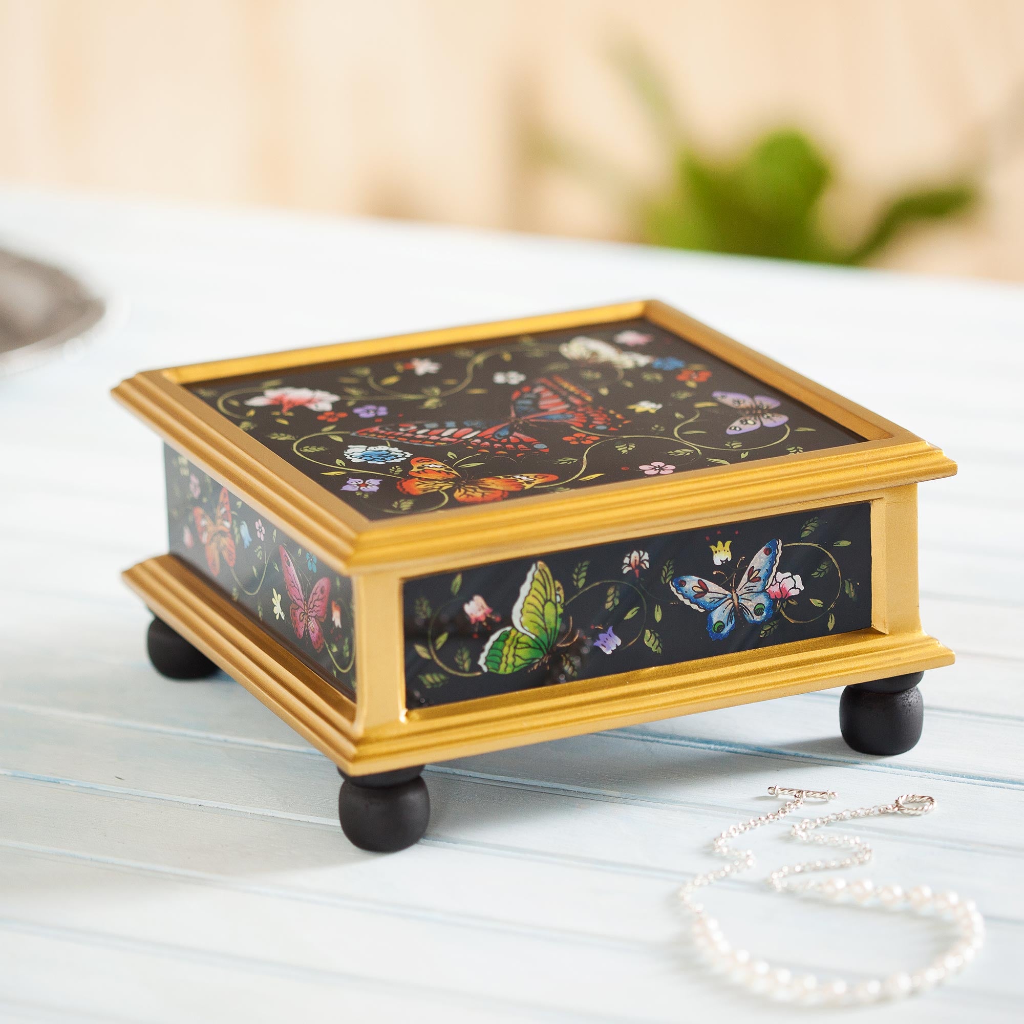 Premium Midnight Garden Black Reverse-Painted Glass Butterfly Jewelry Box
