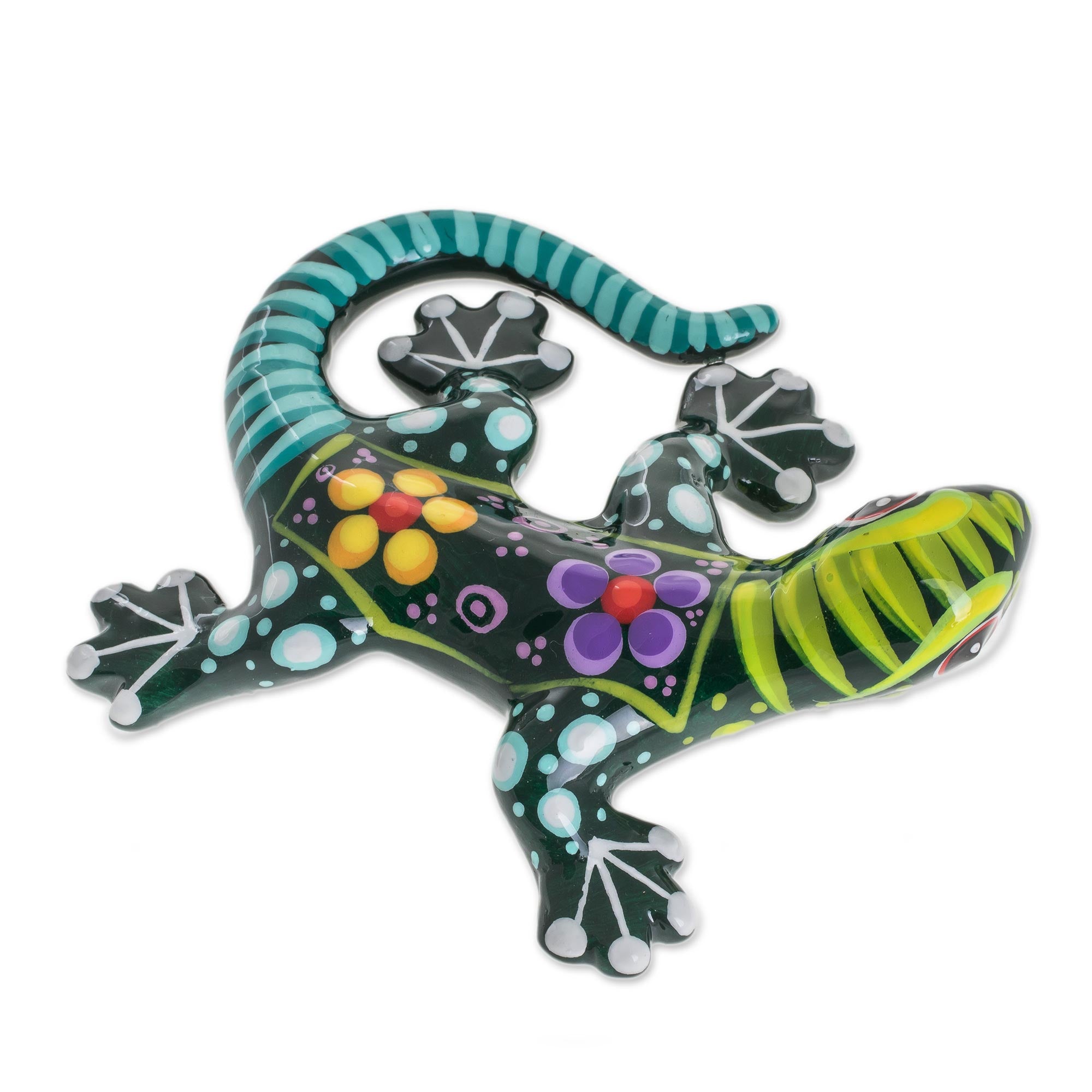 Premium Hand-Painted Ceramic Gecko - Green with Multi-Color Floral Motif