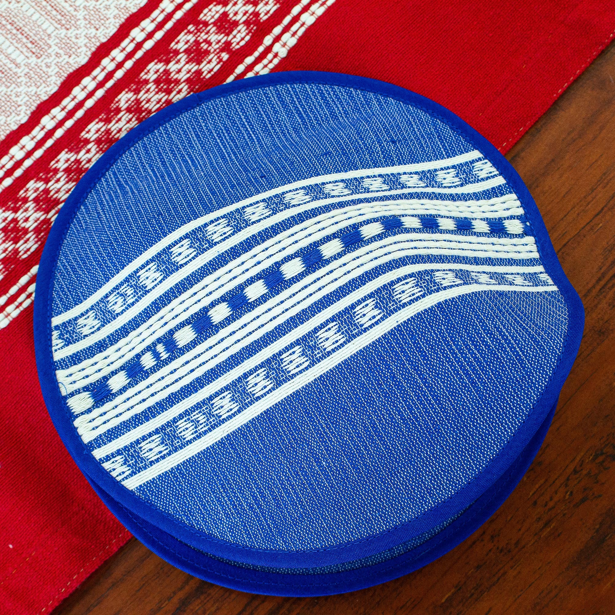 Premium Handwoven Mexican Cotton Tortilla Warmer - Blue & Ivory