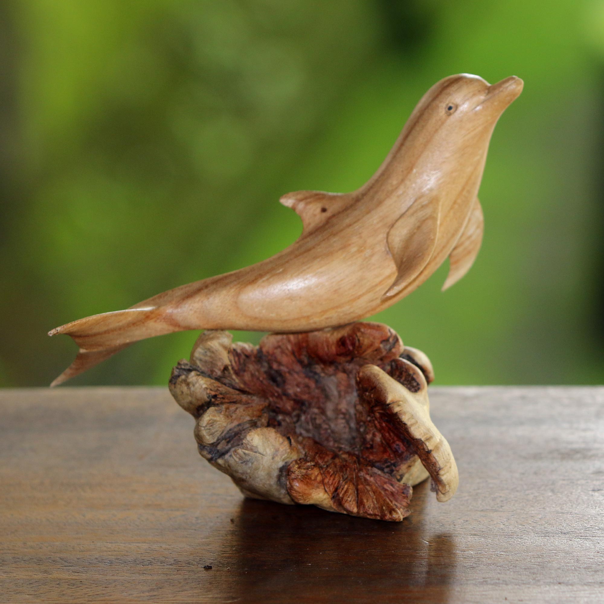 Premium Hand-Carved Jempinis Wood Leaping Dolphin Sculpture - Unique Artisan Craft