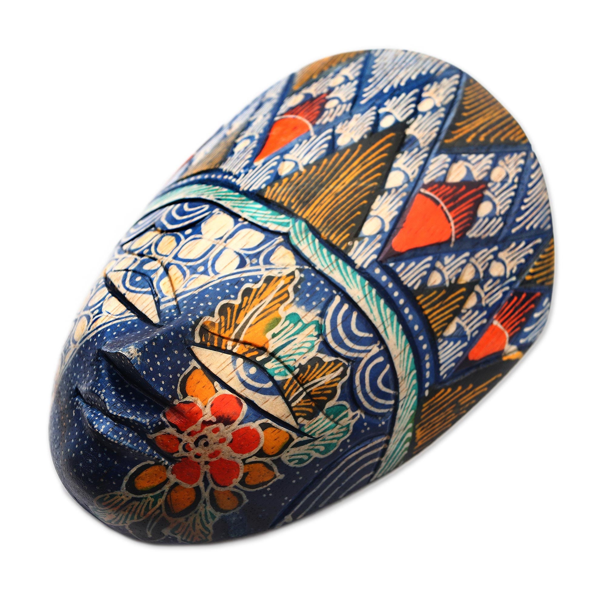 Premium Blue Princess Batik Wood Mask - Handcrafted Java Art