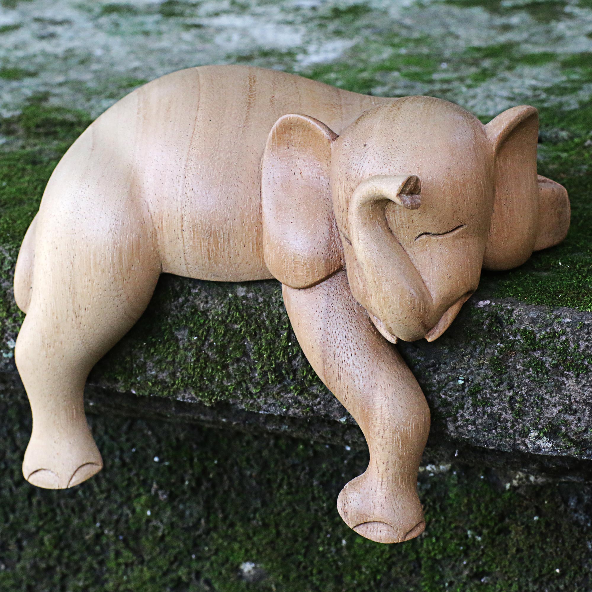 Premium Hand-Carved Napping Elephant Sculpture - Natural Finish from Indonesia