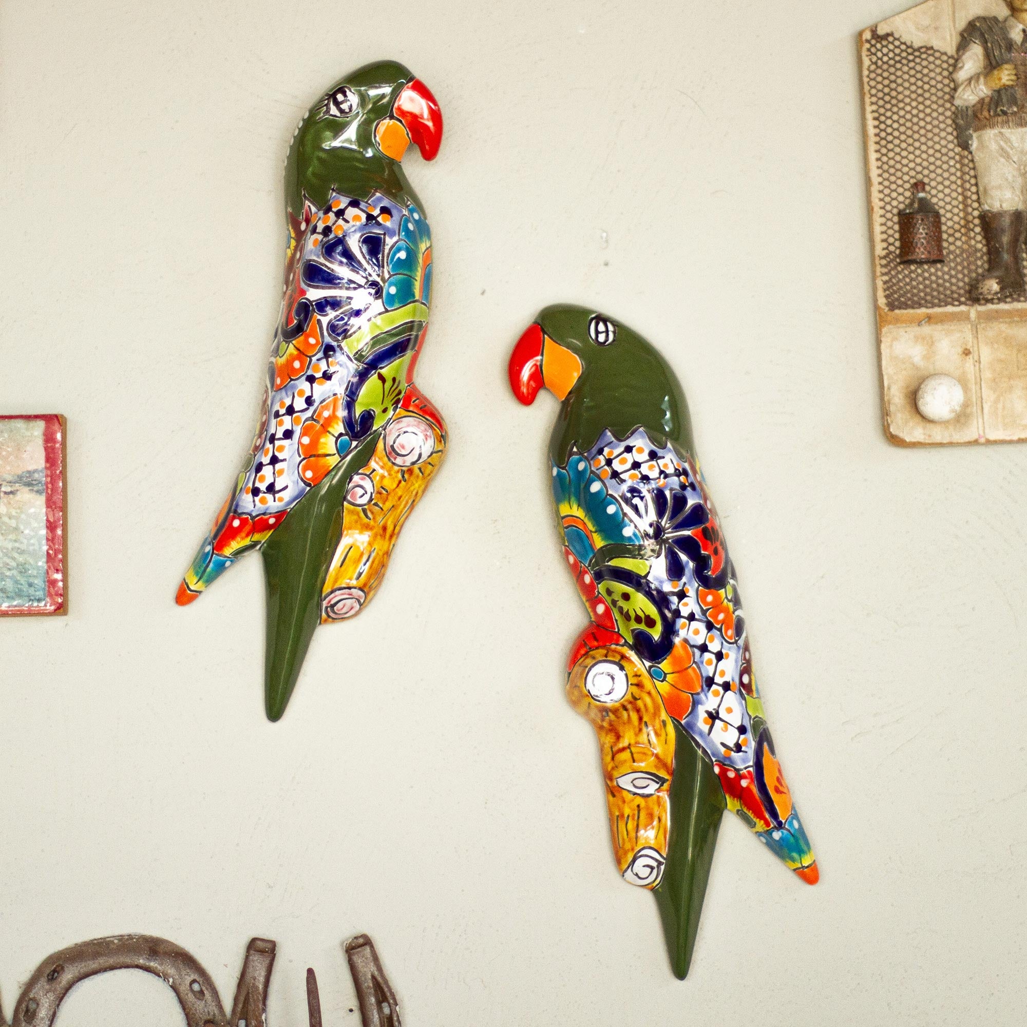 Premium Talavera-Style Parrot Wall Sculptures by Sergio Ponce (Pair)