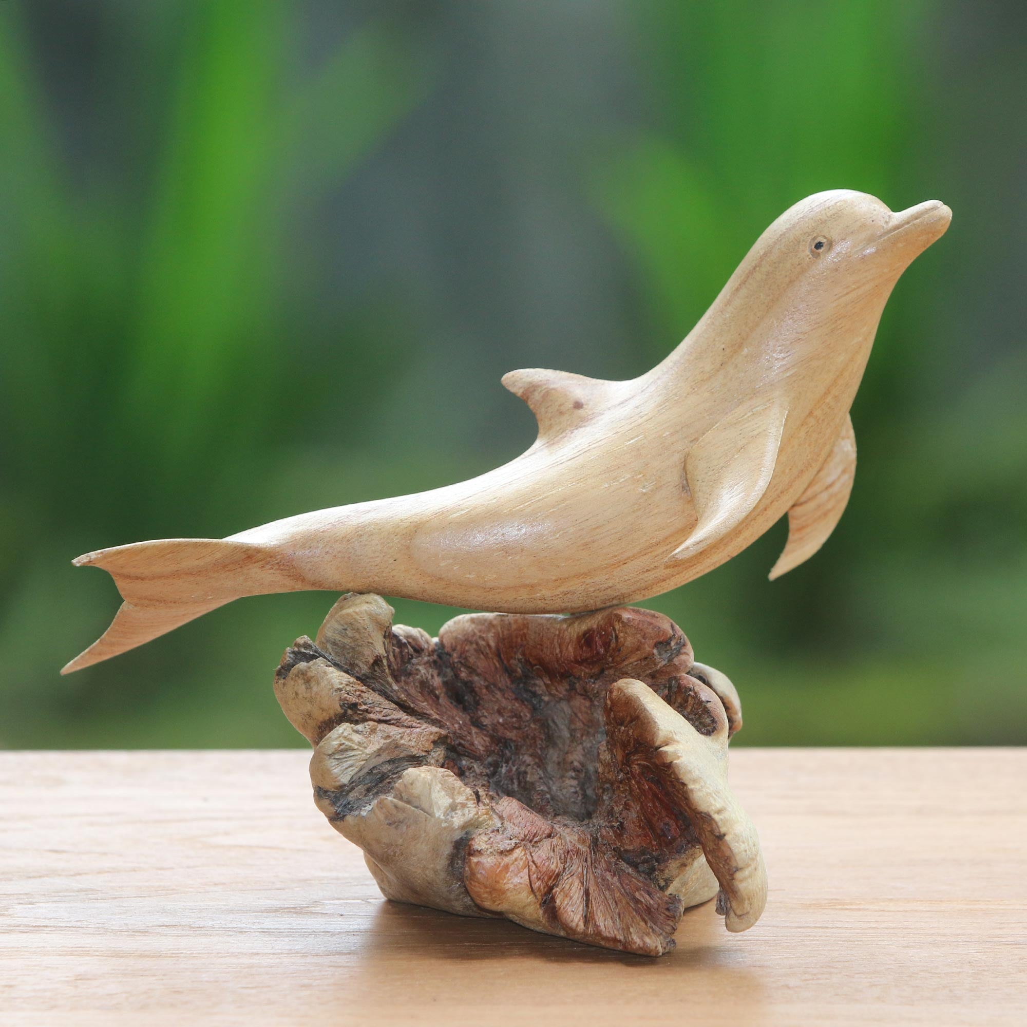 Premium Hand-Carved Jempinis Wood Leaping Dolphin Sculpture - Unique Artisan Craft