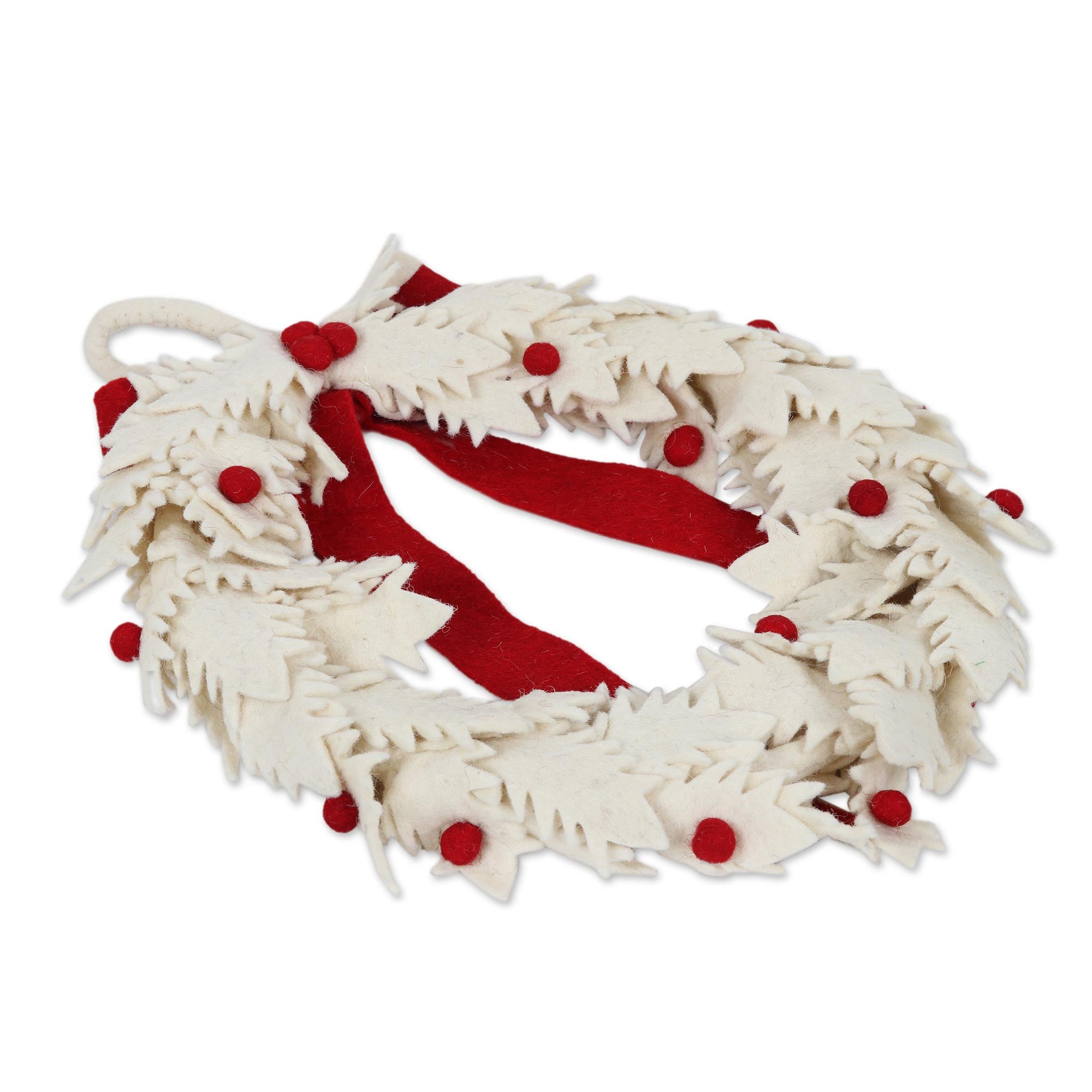 Premium Handcrafted Ivory Wool Christmas Wreath with Red Pom Poms