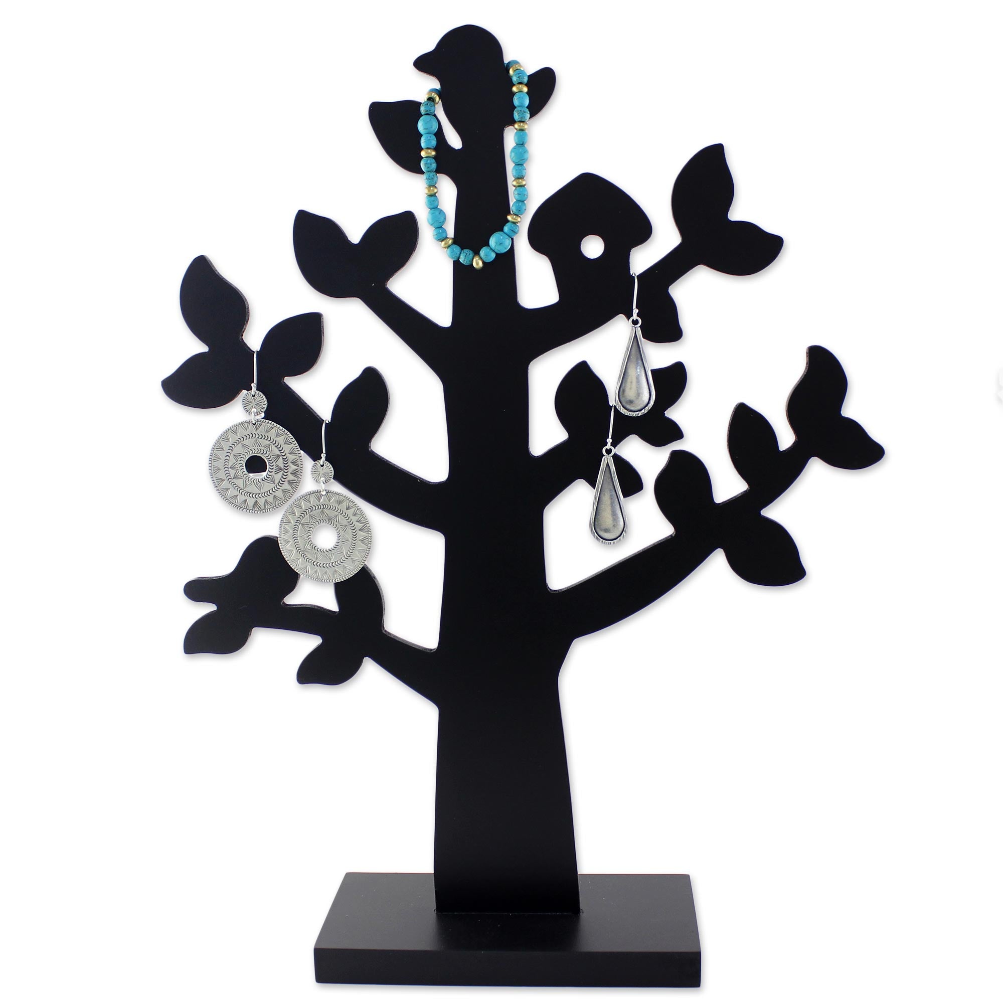 Premium Black Wood Jewelry Tree with Birdhouse - Handcrafted in Thailand