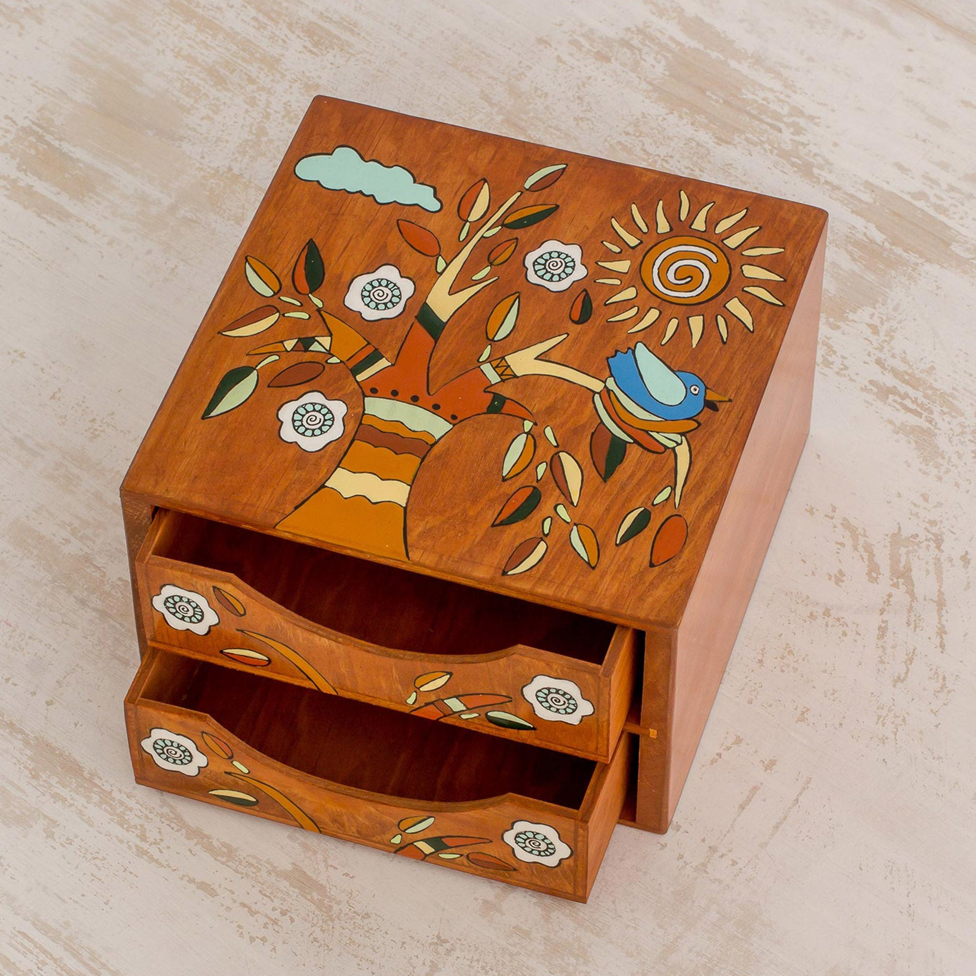 Premium Hand-Painted Pinewood Jewelry Box with Bird & Tree Design