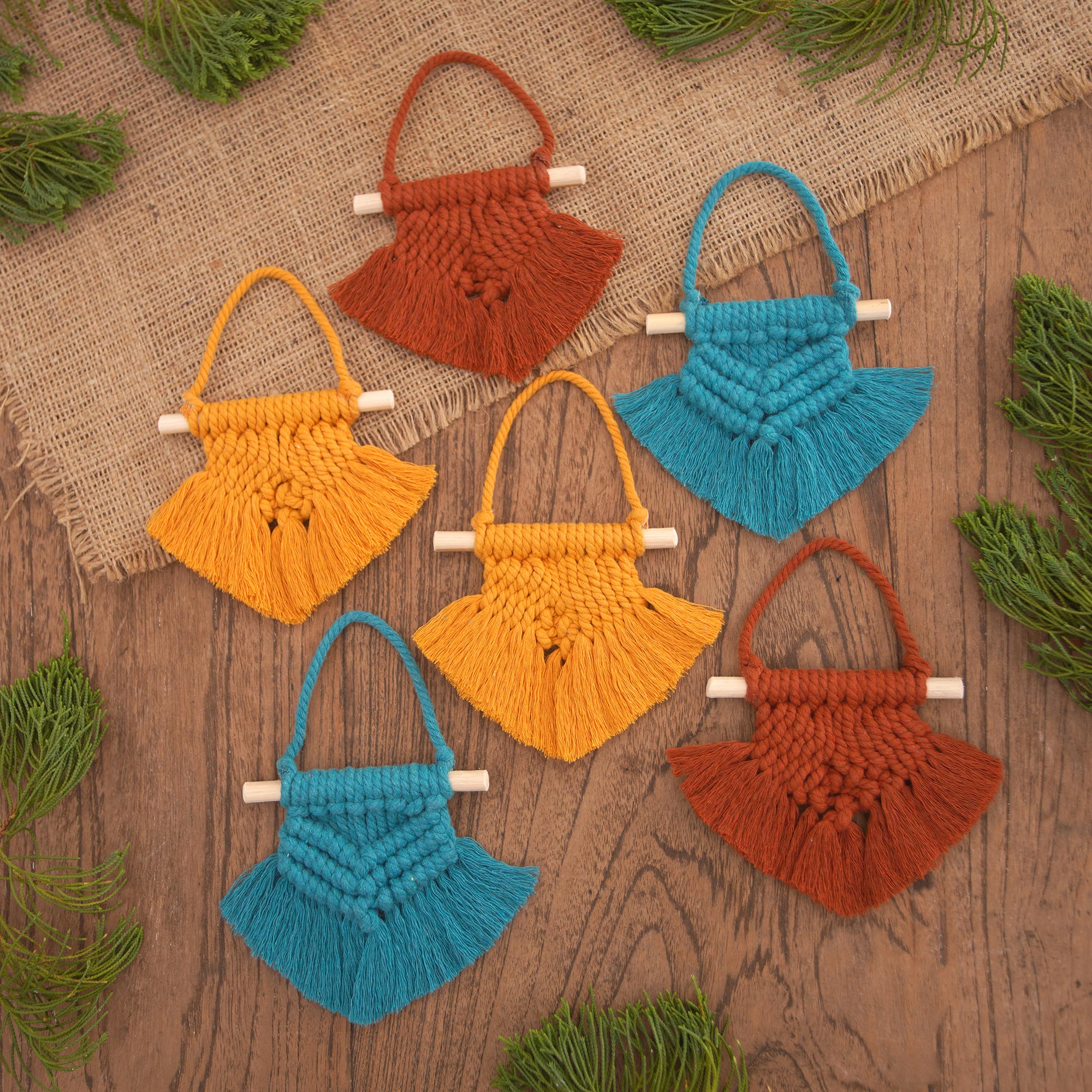 Premium Boho Christmas Ornaments - Handwoven Cotton Holiday Decor (Set of 6)