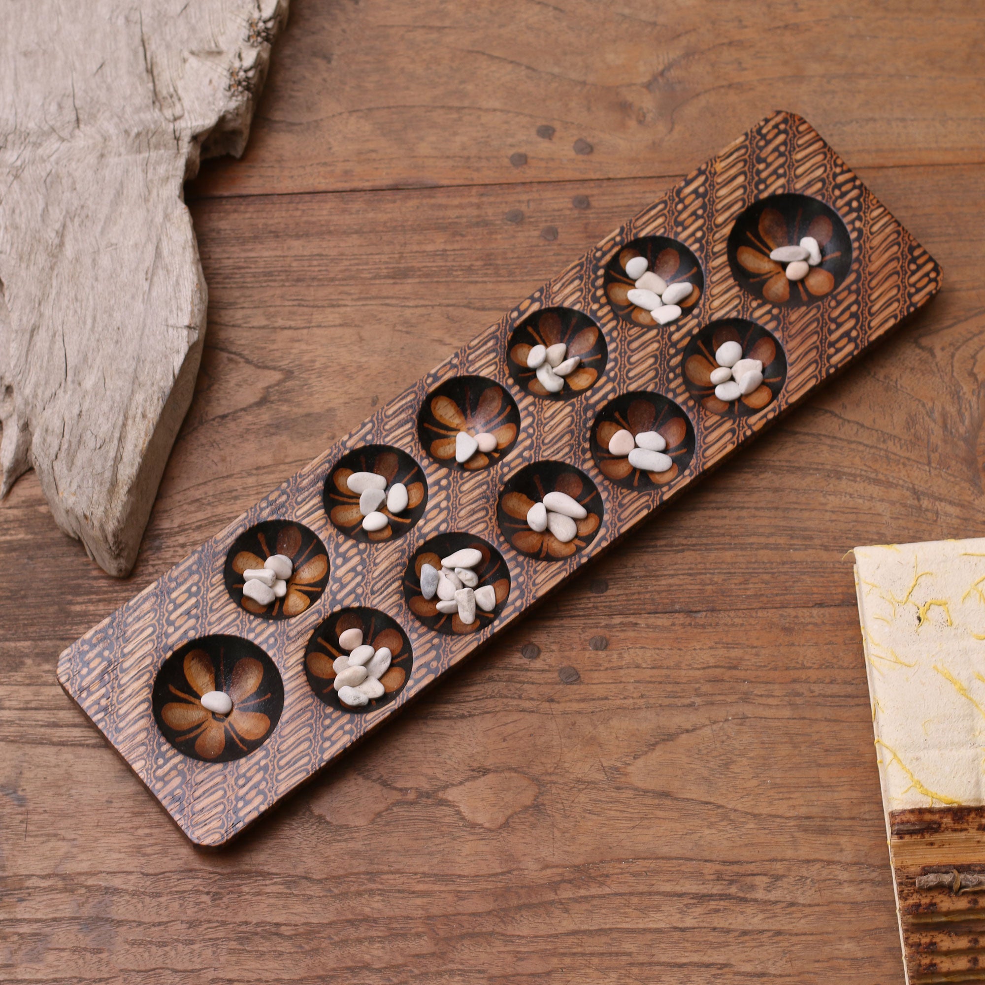 Premium Dakon Batik Wood & Stone Board Game – Handcrafted in Java