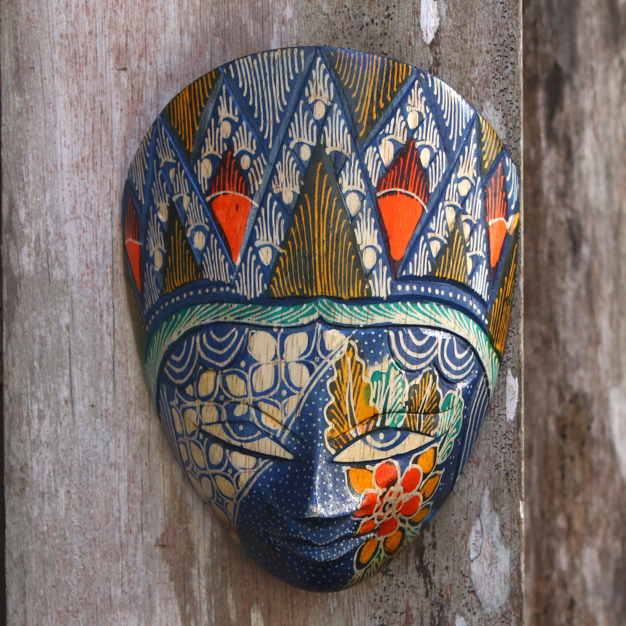 Premium Blue Princess Batik Wood Mask - Handcrafted Java Art