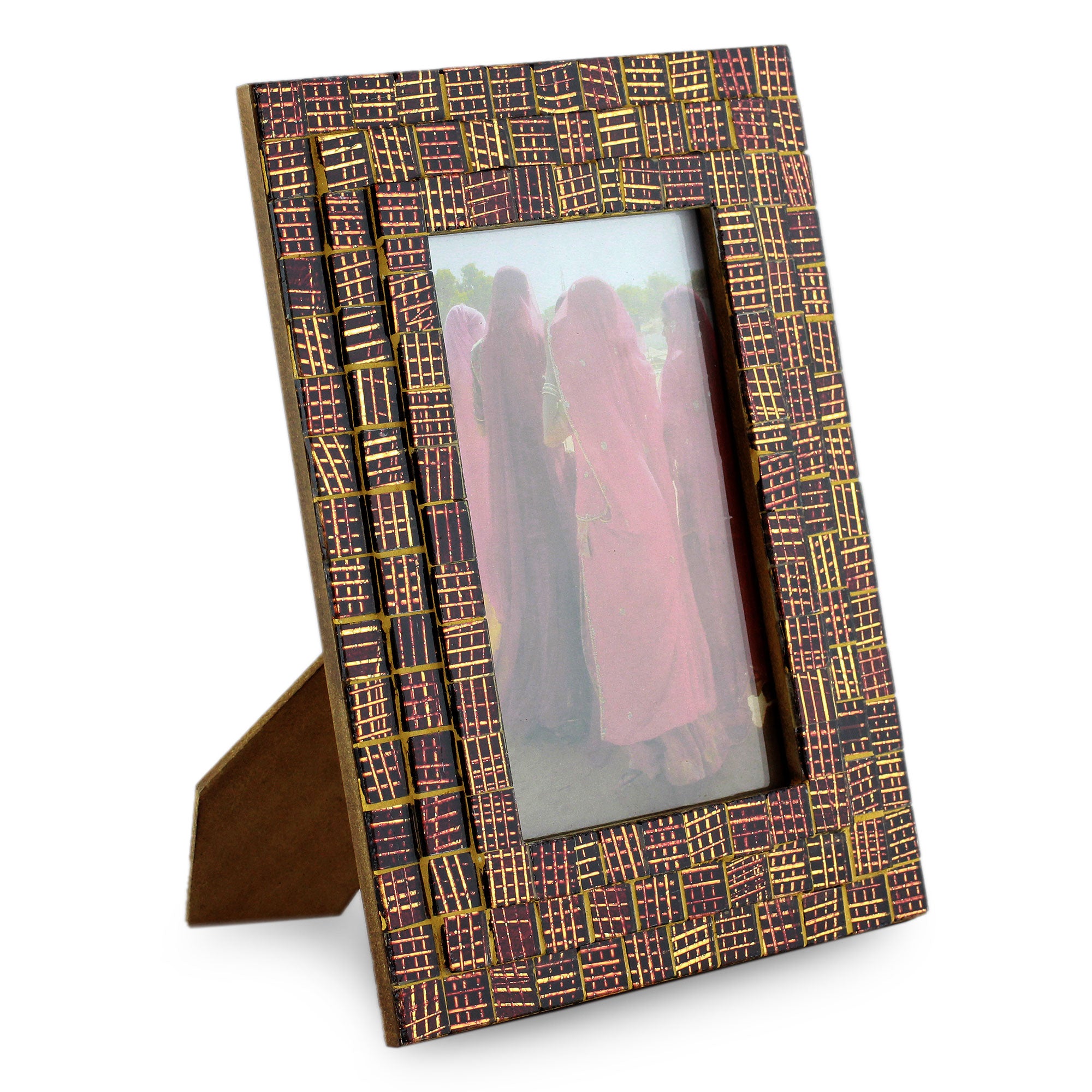 Premium Golden Wine Mosaic Wood Glass Frame - Handcrafted Elegance