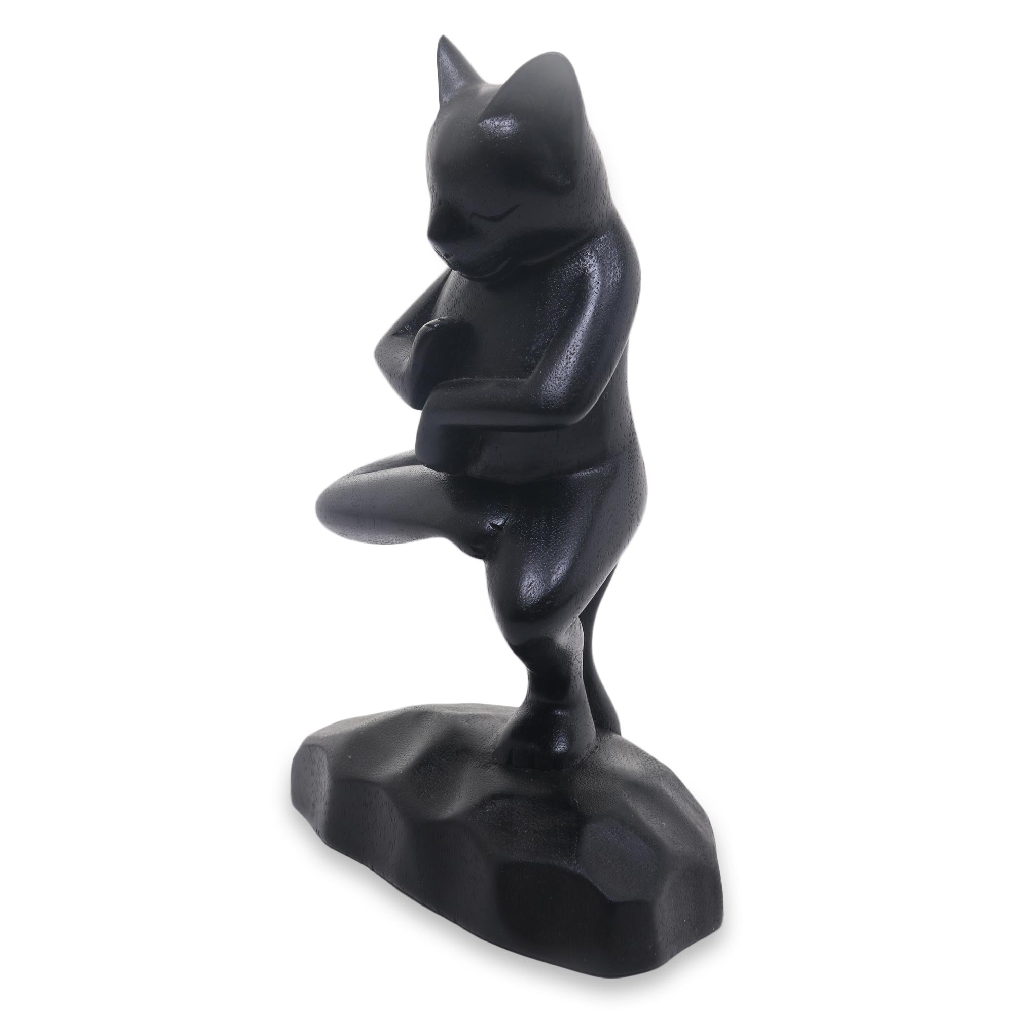 Premium Black Cat Yoga Sculpture - Handcrafted Suar Wood Art