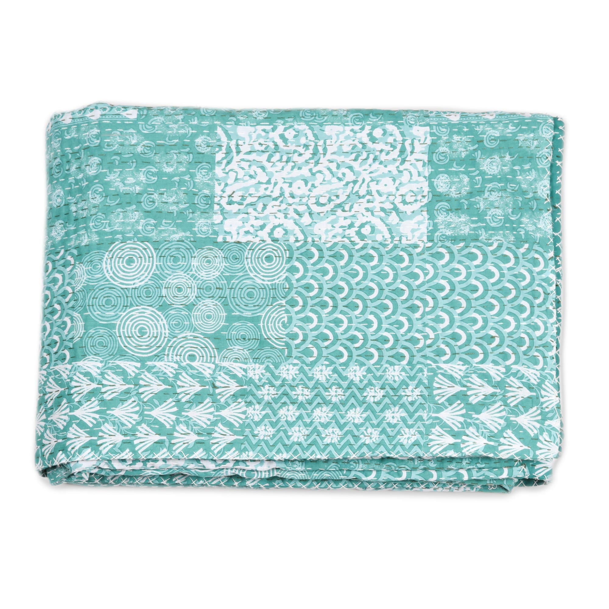 Premium Turquoise Kantha Cotton Bedspread Set with Seaglass Accents (3-Piece)