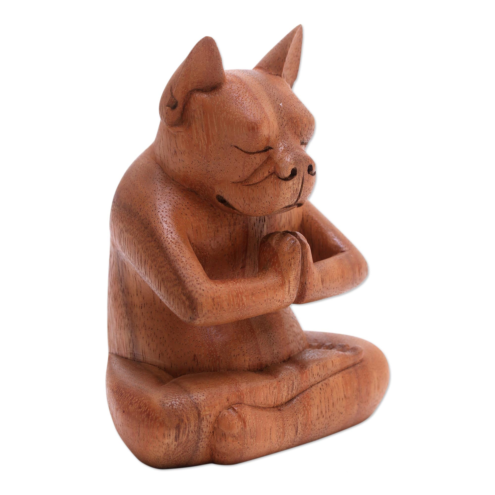 Premium Brown Boston Terrier Yoga Statuette – Handmade Wood Meditation Sculpture