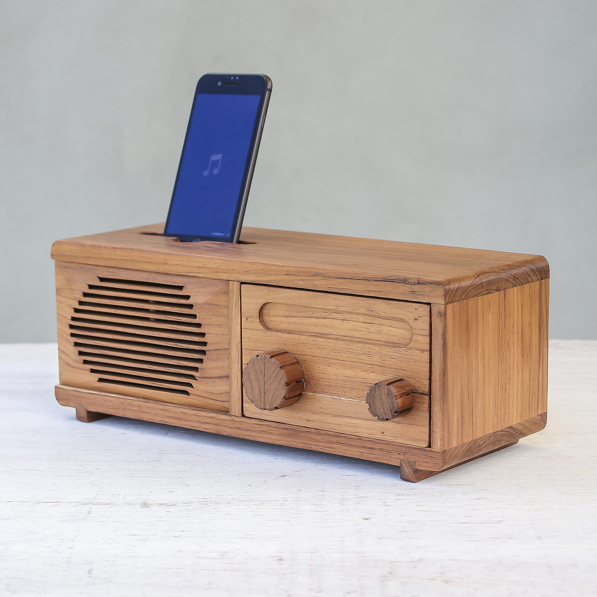 Premium Vintage Radio Phone Speaker - Handcrafted Teak Wood Design