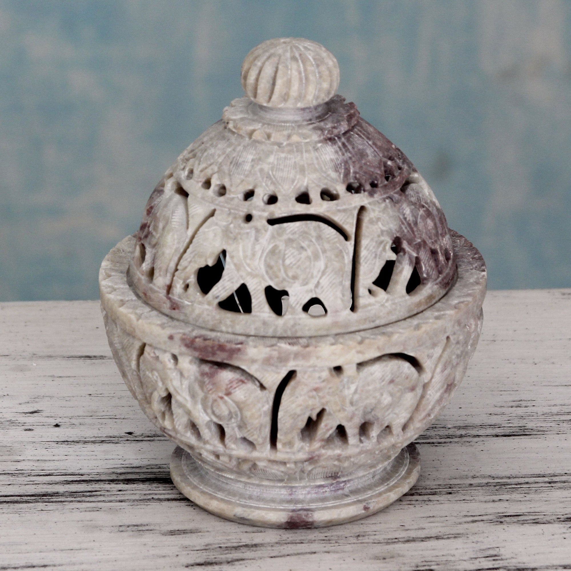 Premium Hand-Carved Elephant Parade Soapstone Decorative Jar - Indian Artisan Craft