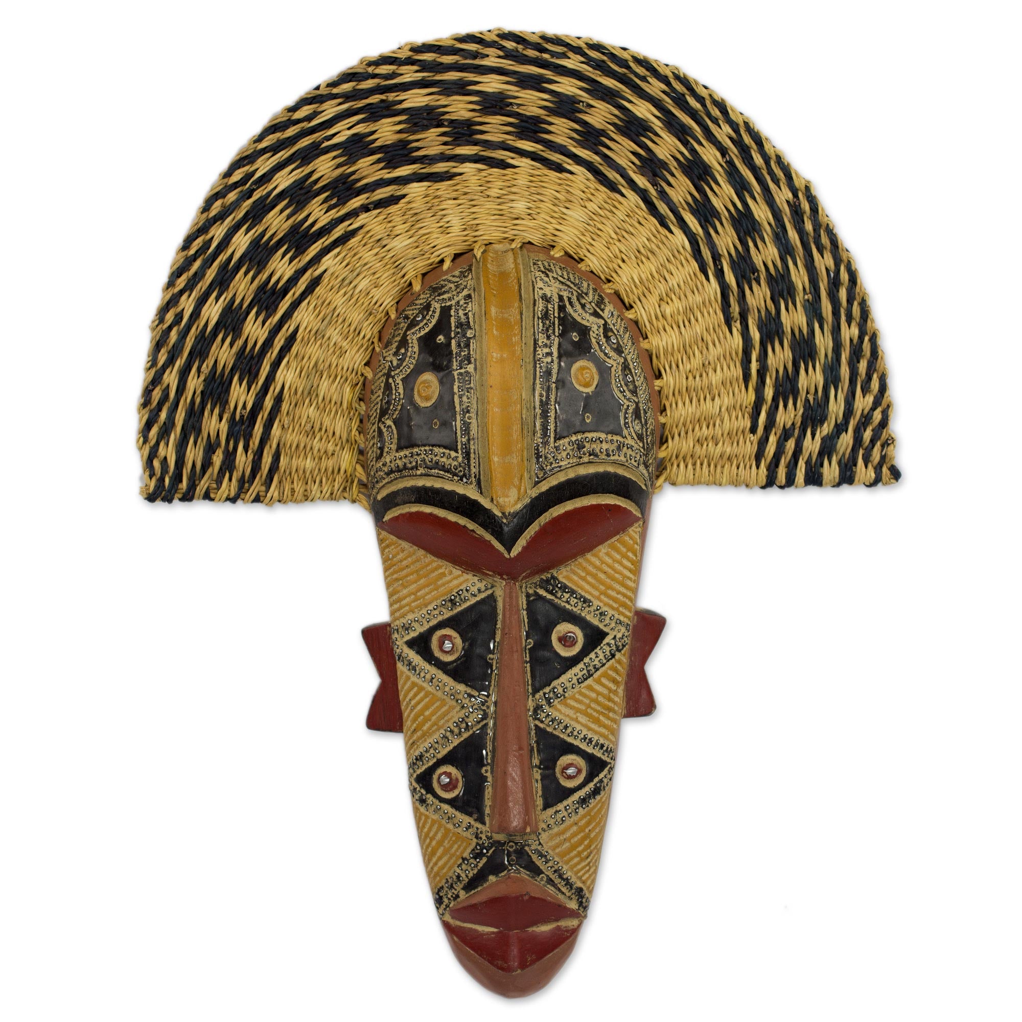 Premium Handcrafted African Prosperity Mask with Wood & Raffia Accents