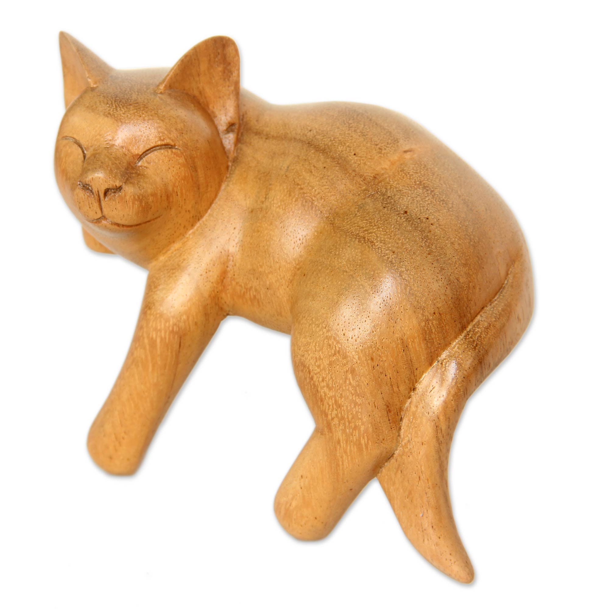 Premium Smiling Cat Sculpture - Handcrafted Balinese Tabby Art
