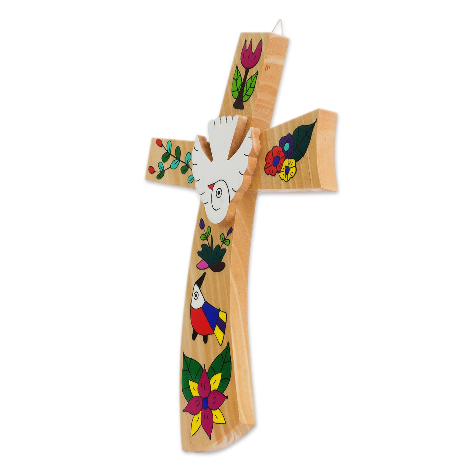 Premium Hand-Painted Pinewood Wall Cross with Bird & Floral Motifs – Holy Spirit Dove Design