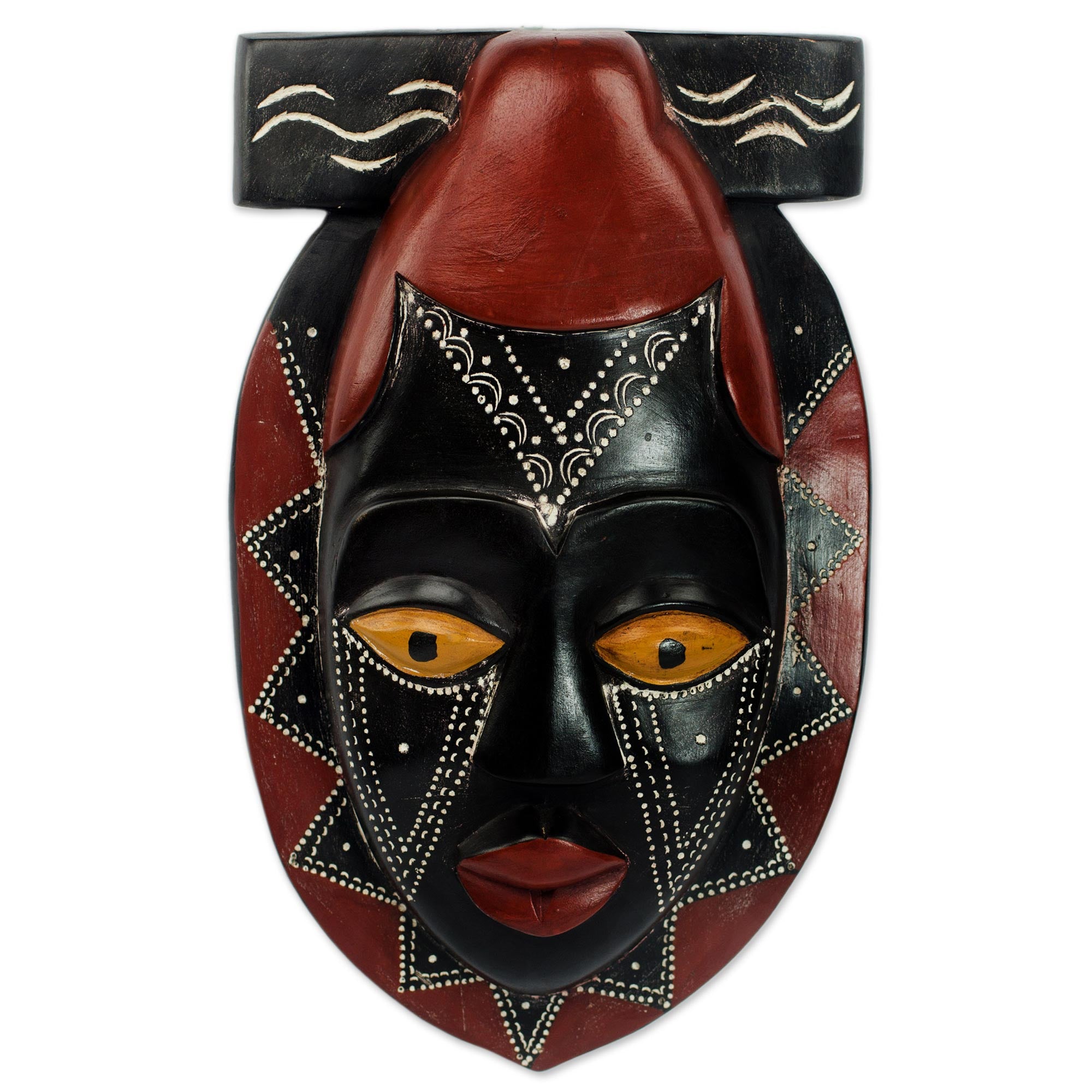 Premium Hand-Carved African Wood Mask - Buruwa Black & Red by Ghana Artisan