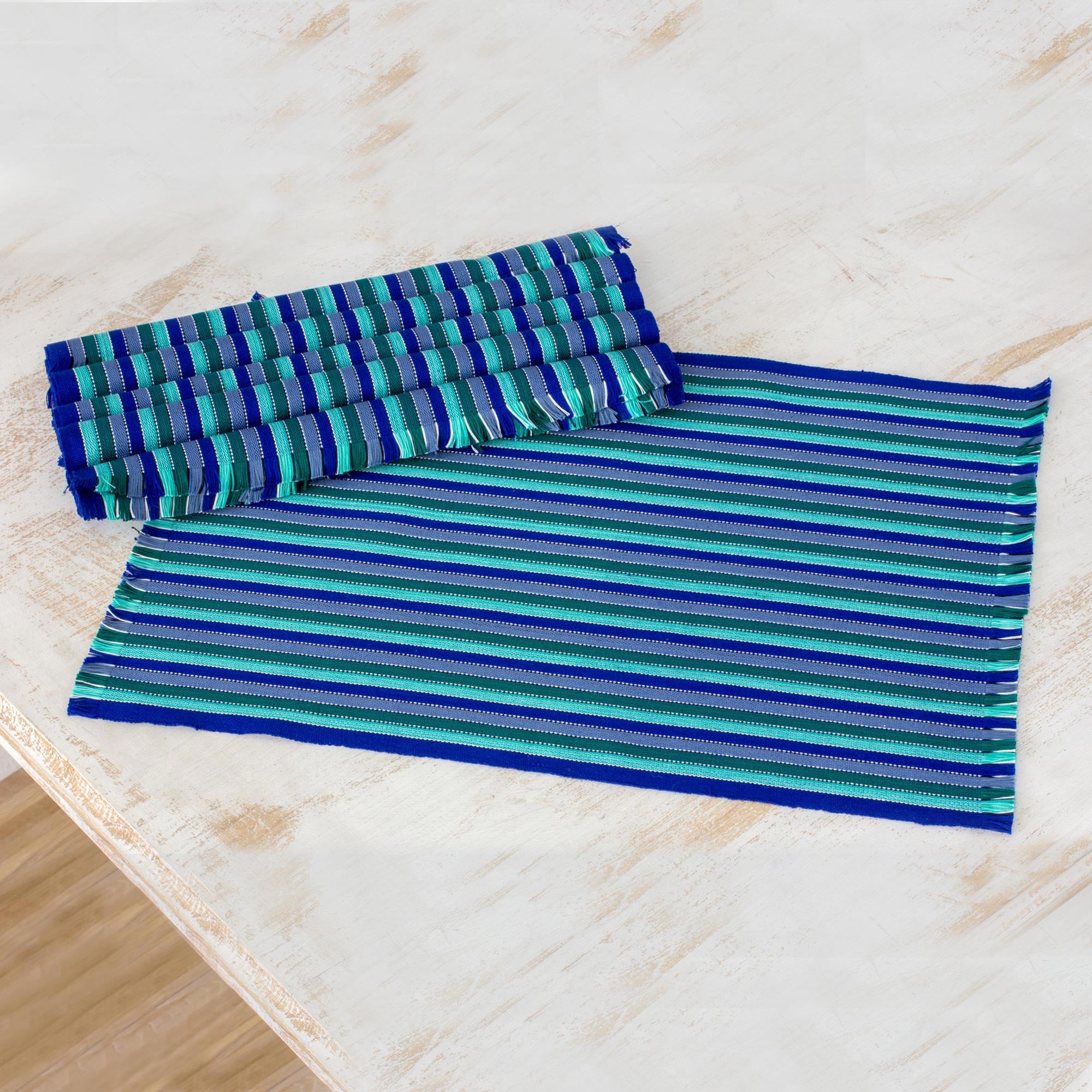 Premium Blue & Seafoam Striped Cotton Placemats Set of 6 - Handwoven in Guatemala