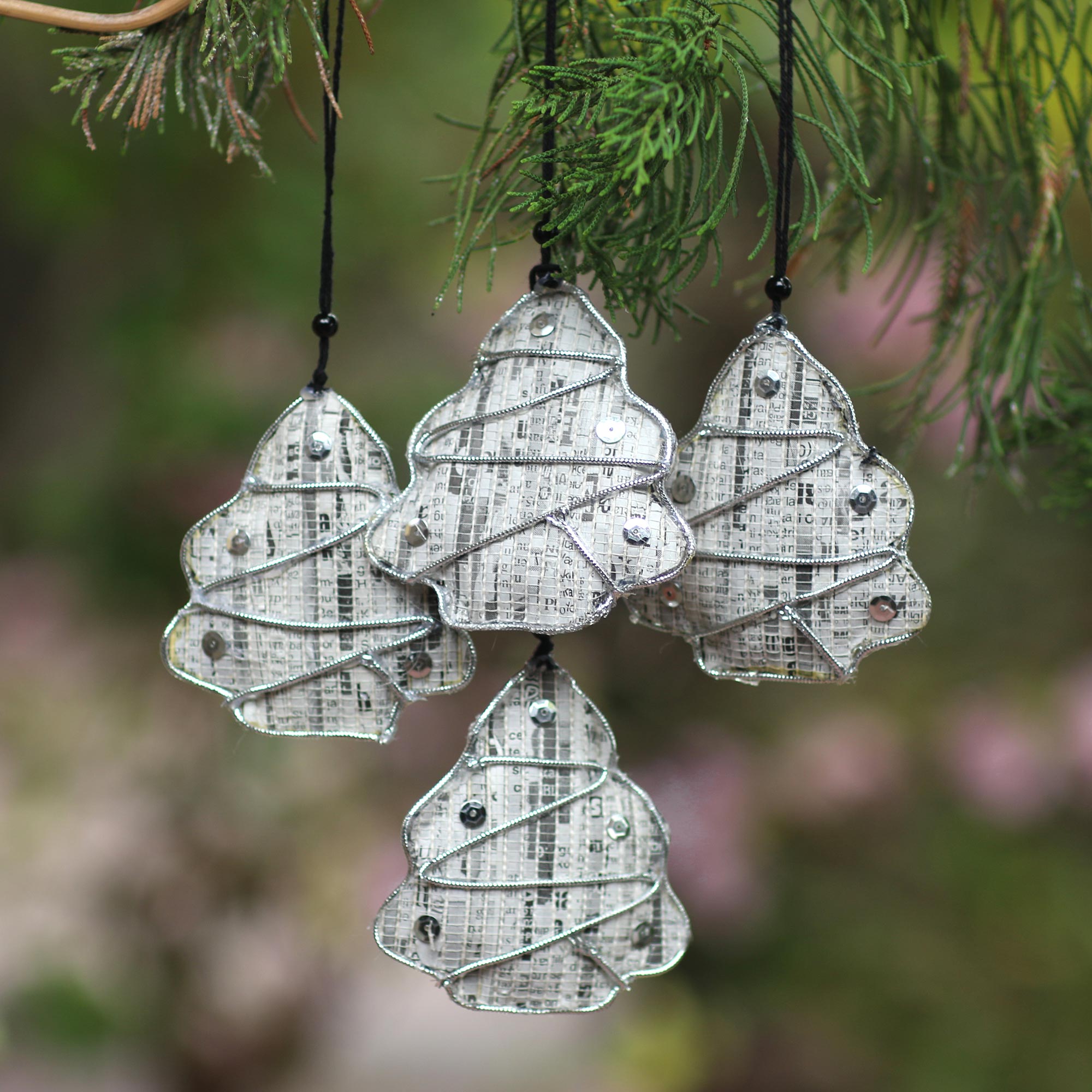 Premium Eco-Friendly Recycled Newspaper Holiday Ornaments (Set of 4) – Handcrafted Tree-Shaped Decor