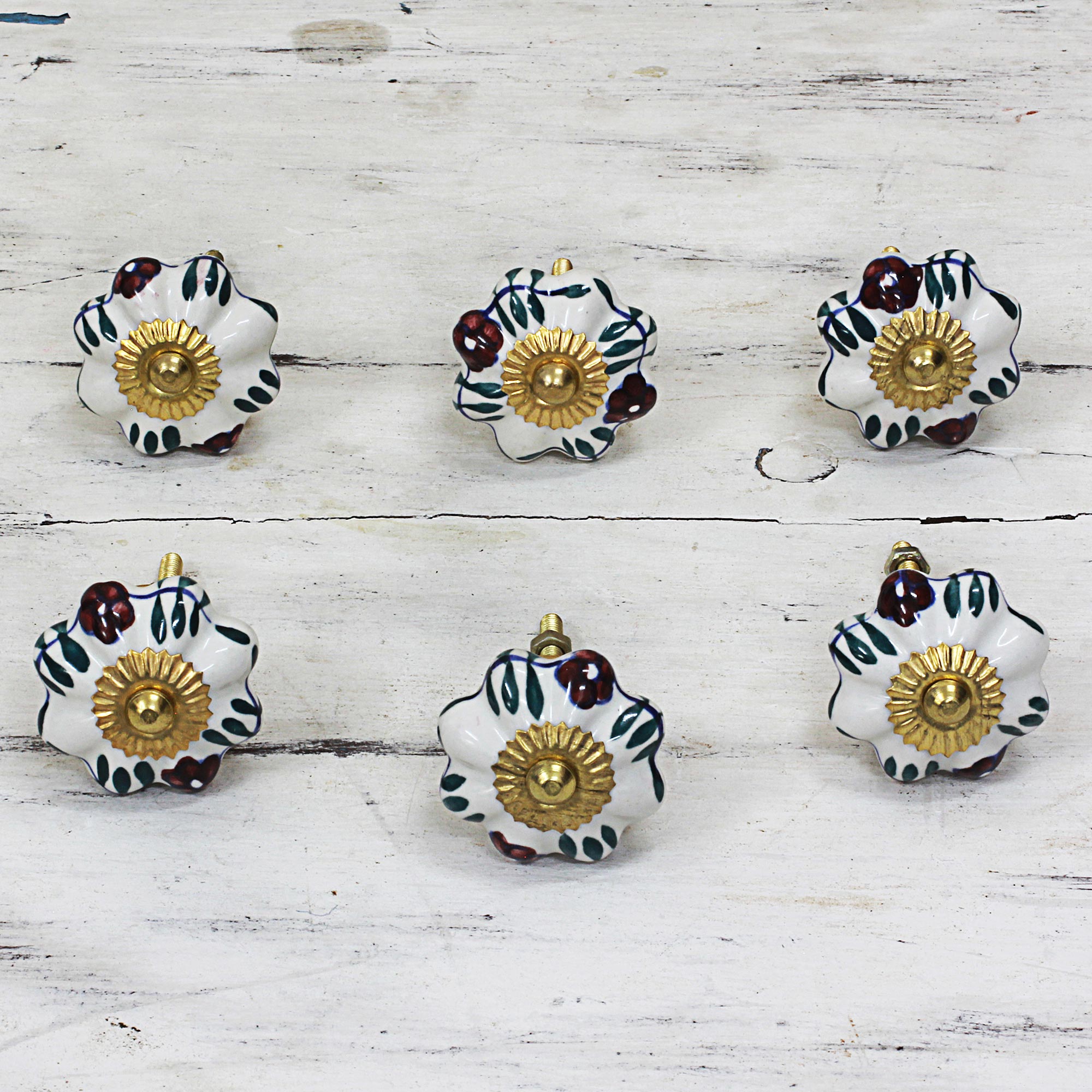 Premium Floral Sunshine Ceramic Cabinet Knobs - Elegant White Set of 6