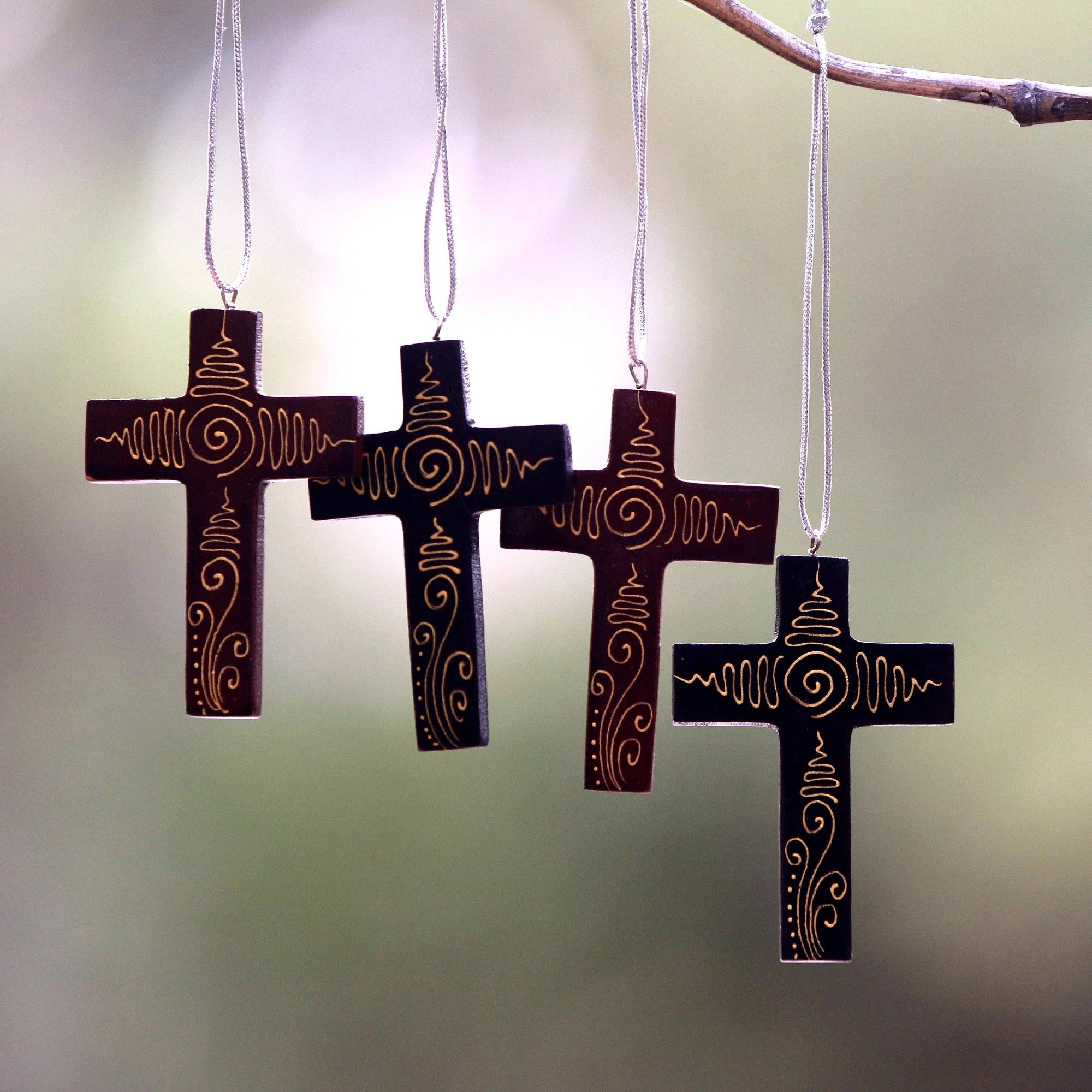 Premium Handcrafted Mahogany Cross Ornaments - Set of 4