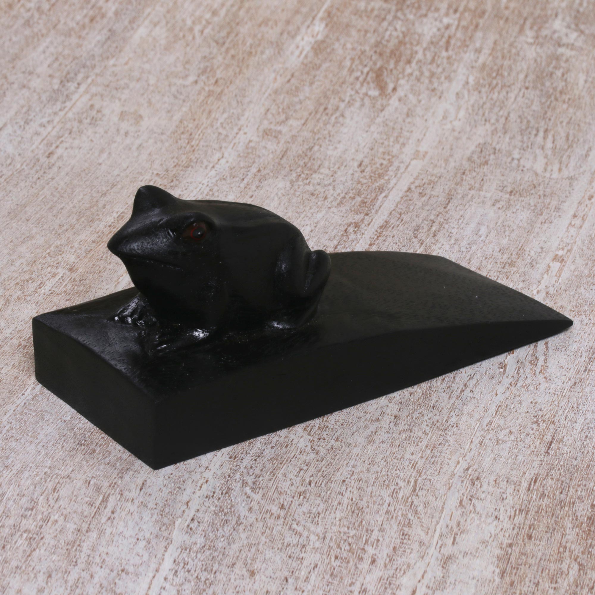 Premium Handcrafted Suar Wood Toad Doorstop - Black, Artisan-Made in Bali