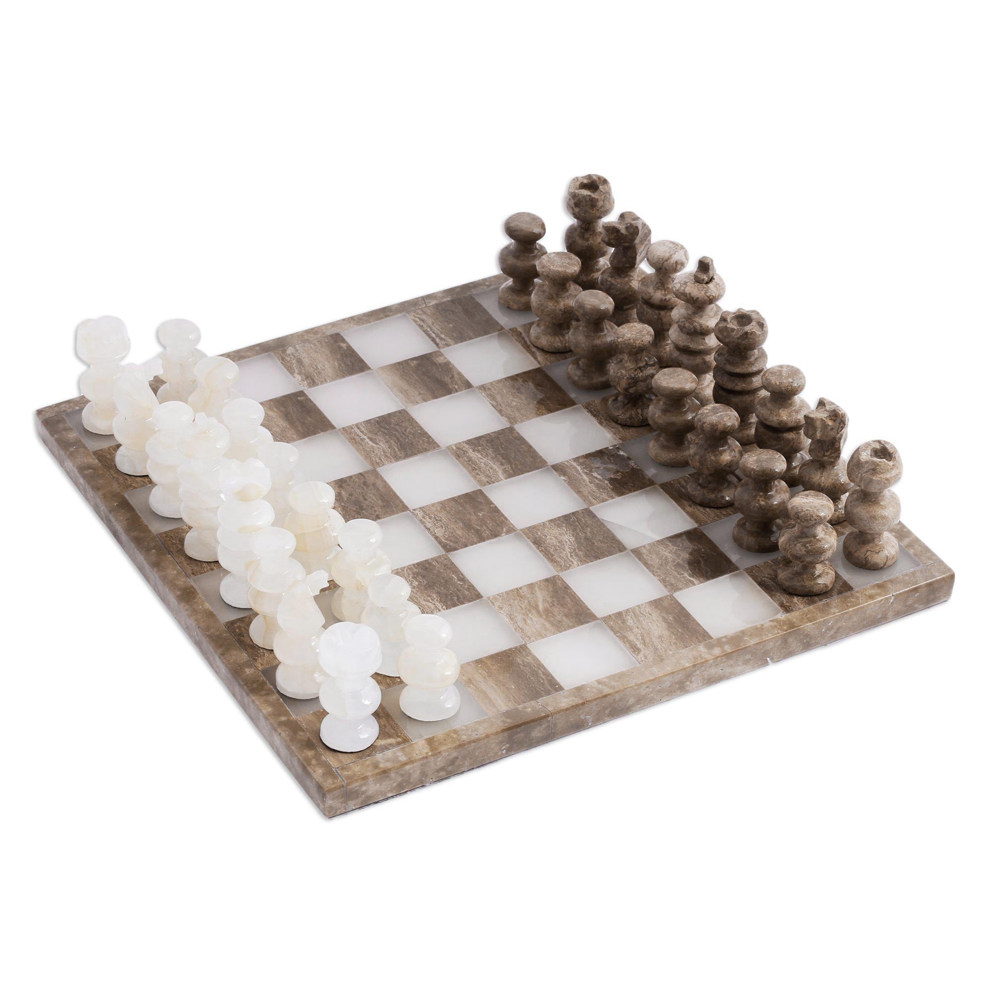 Premium Hand-Carved Brown & Ivory Onyx and Marble Chess Set - Crafted in Mexico