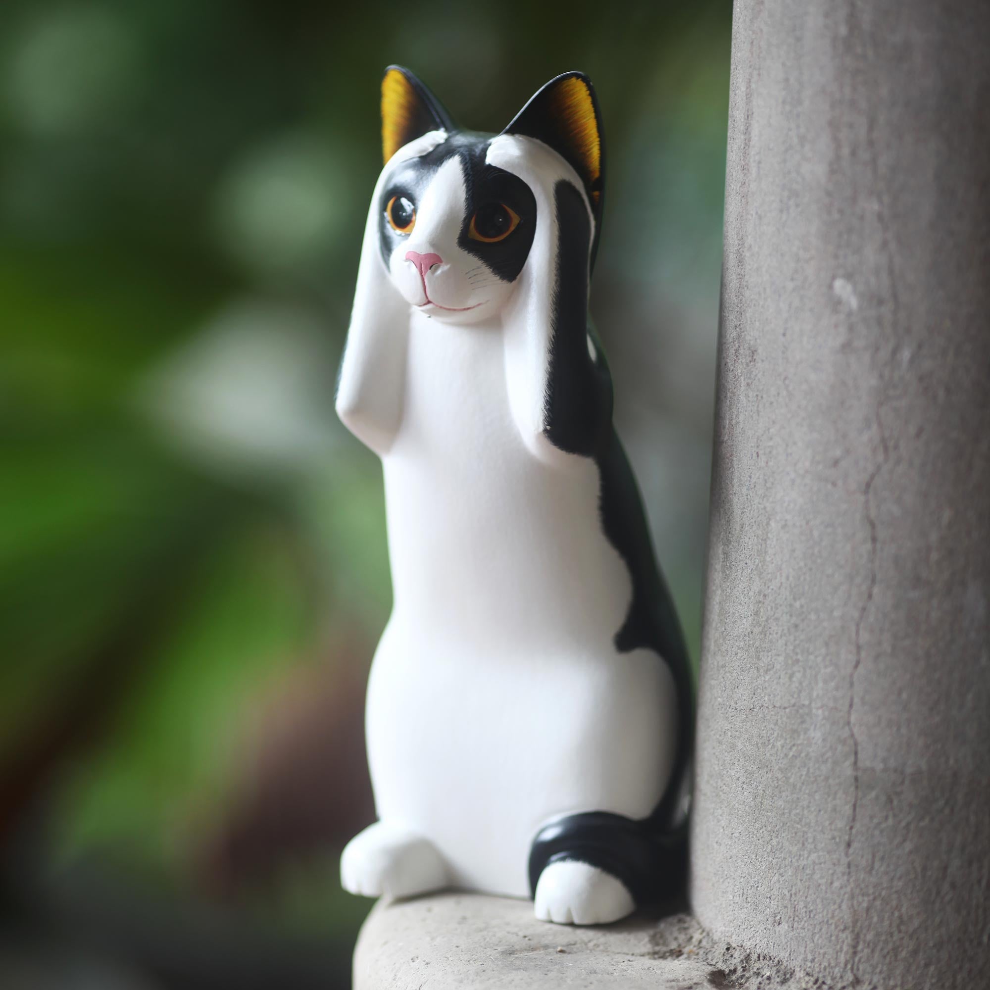 Premium Hand-Carved Albesia Wood Cat Sculpture - Hear No Evil