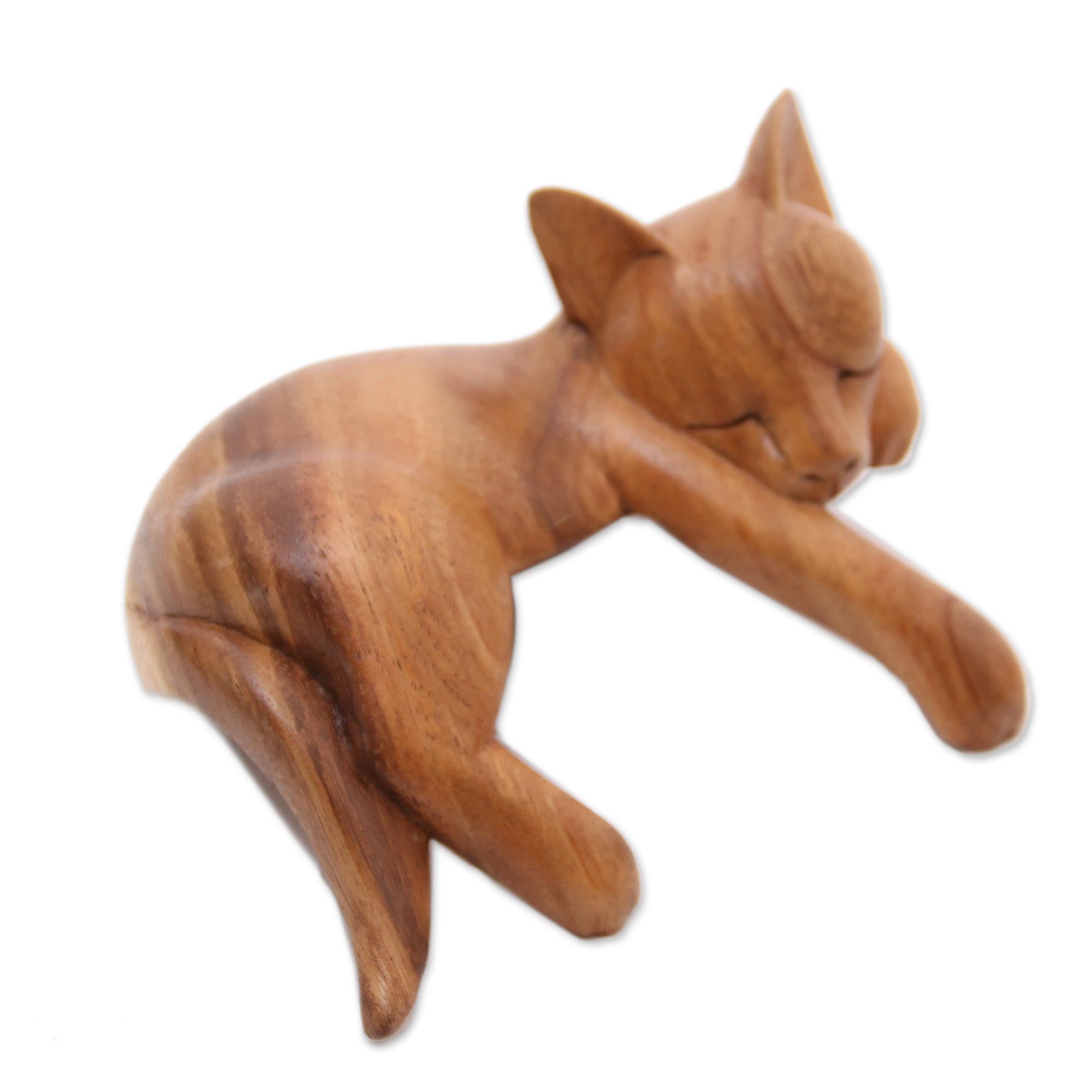 Premium Hand-Crafted Suar Wood Sleeping Cat Sculpture from Bali - Natural Finish