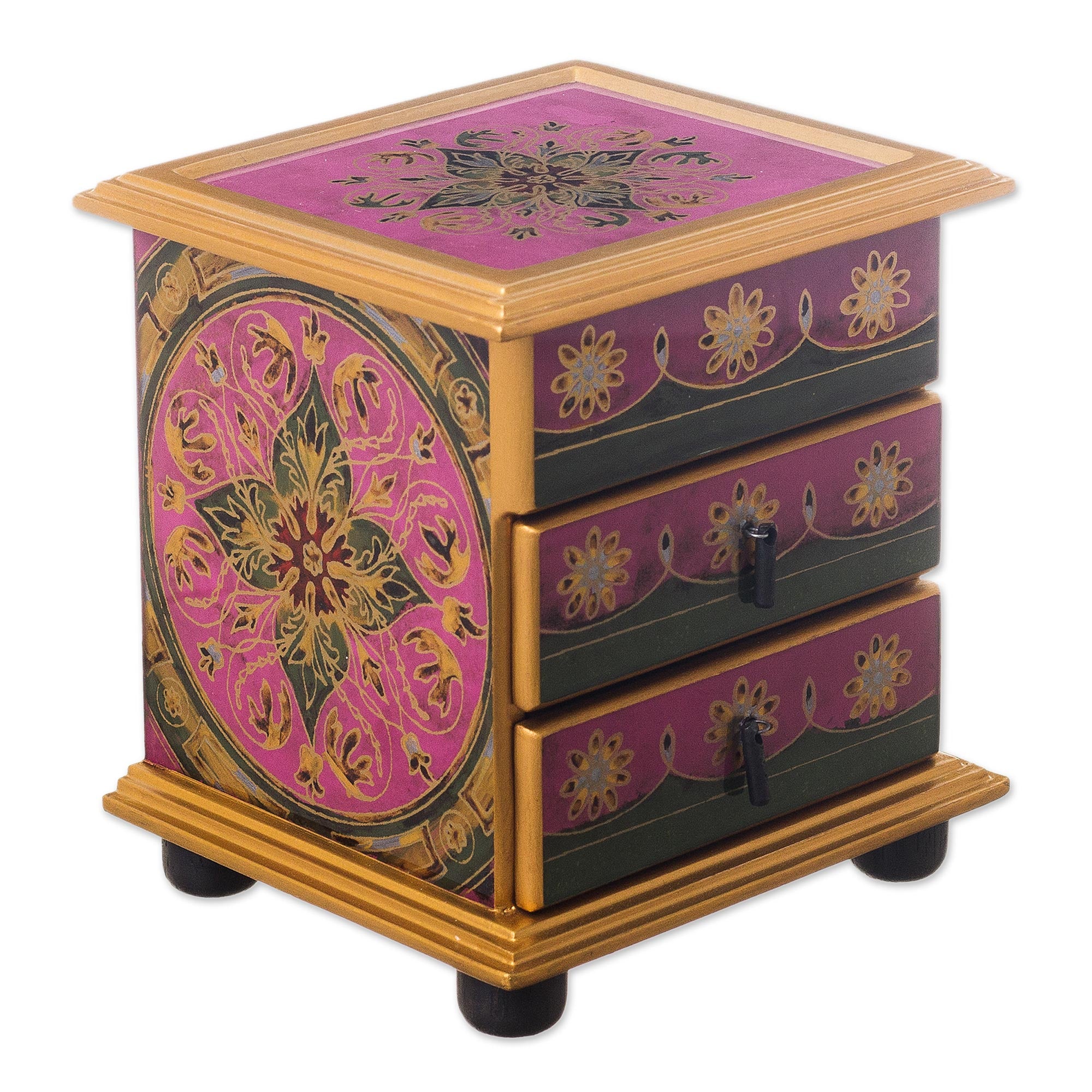 Premium Hand-Painted Floral Glass Jewelry Chest - Vintage Magenta Design