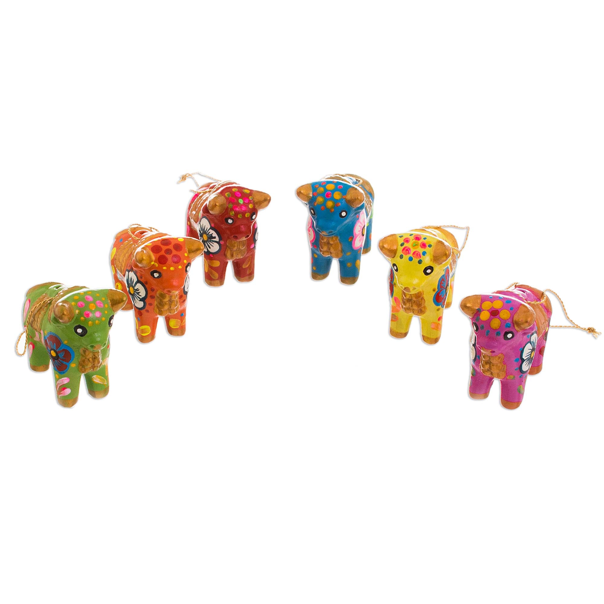 Premium Hand-Painted Torito de Pucara Ceramic Bull Ornaments - Set of 6, Artisan Crafted from Peru