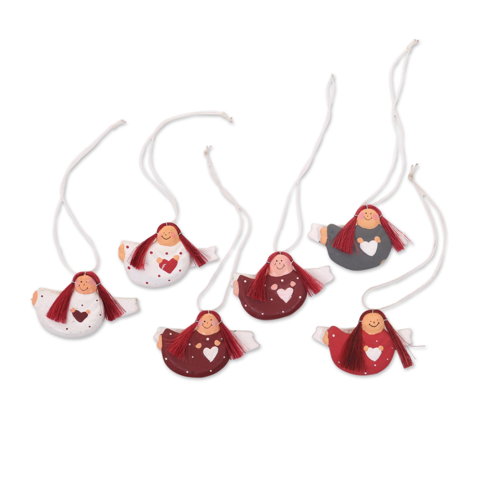Premium Handcrafted Red-Haired Angel Ornament Set - 6 Unique Wooden Angels with Hearts