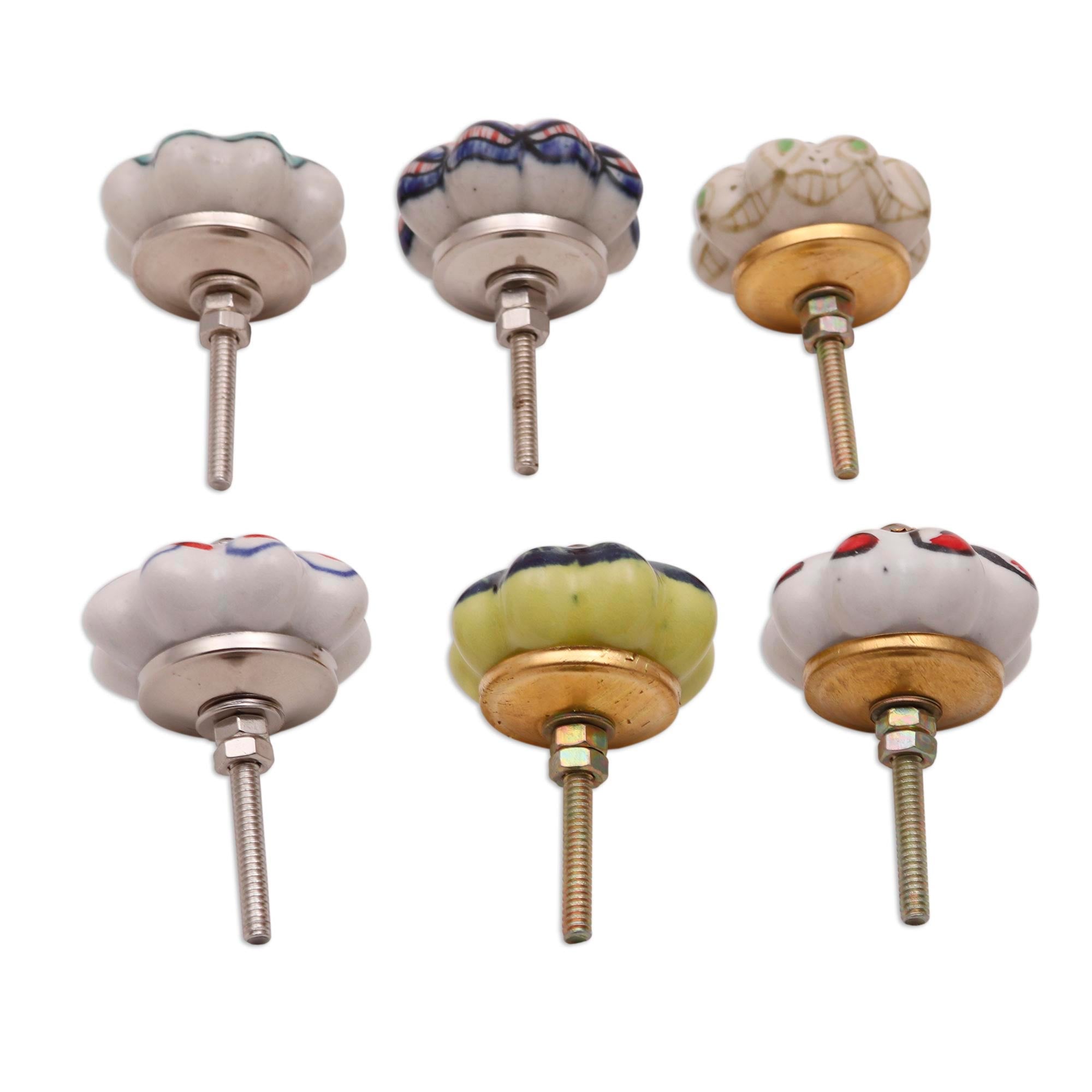 Premium Floral Ceramic Knobs Set - Handcrafted in India (Set of 6)