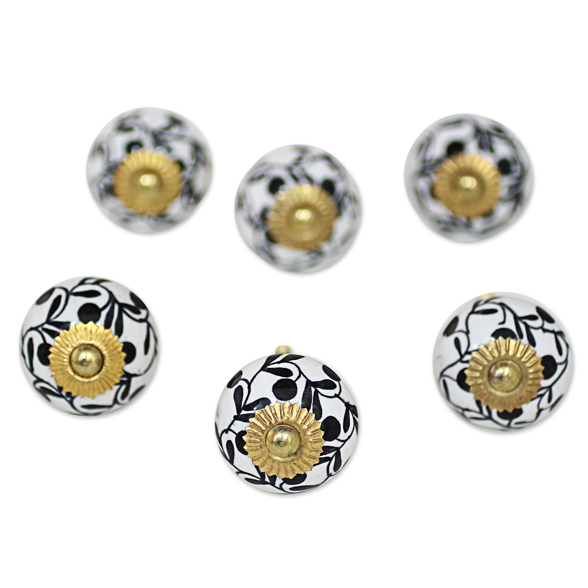 Premium Magical Blooms Ceramic Cabinet Knobs – Floral White & Black (Set of 6) – Handcrafted in India