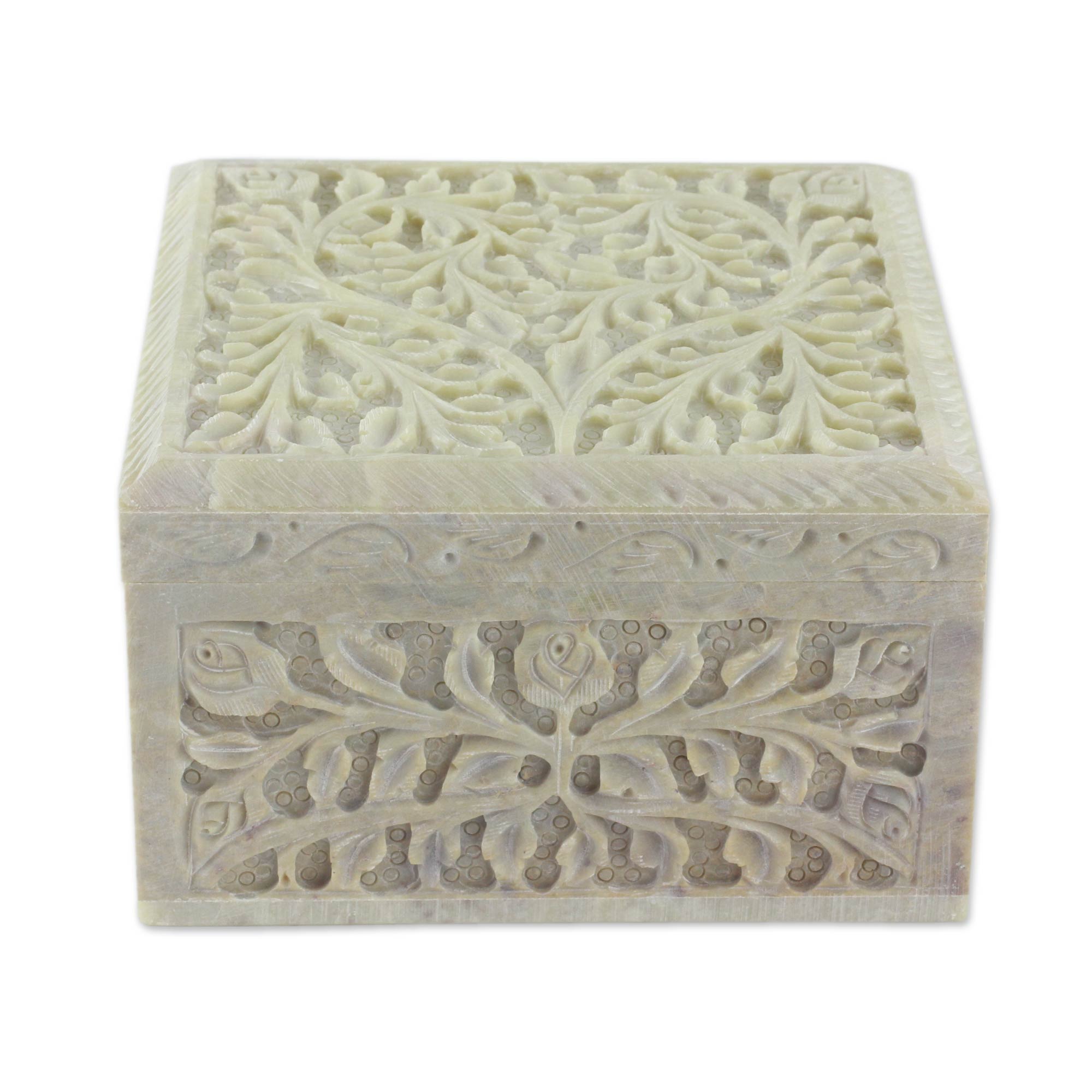 Premium Hand-Carved Soapstone Jewelry Box with Leafy Heart Design - Made in India