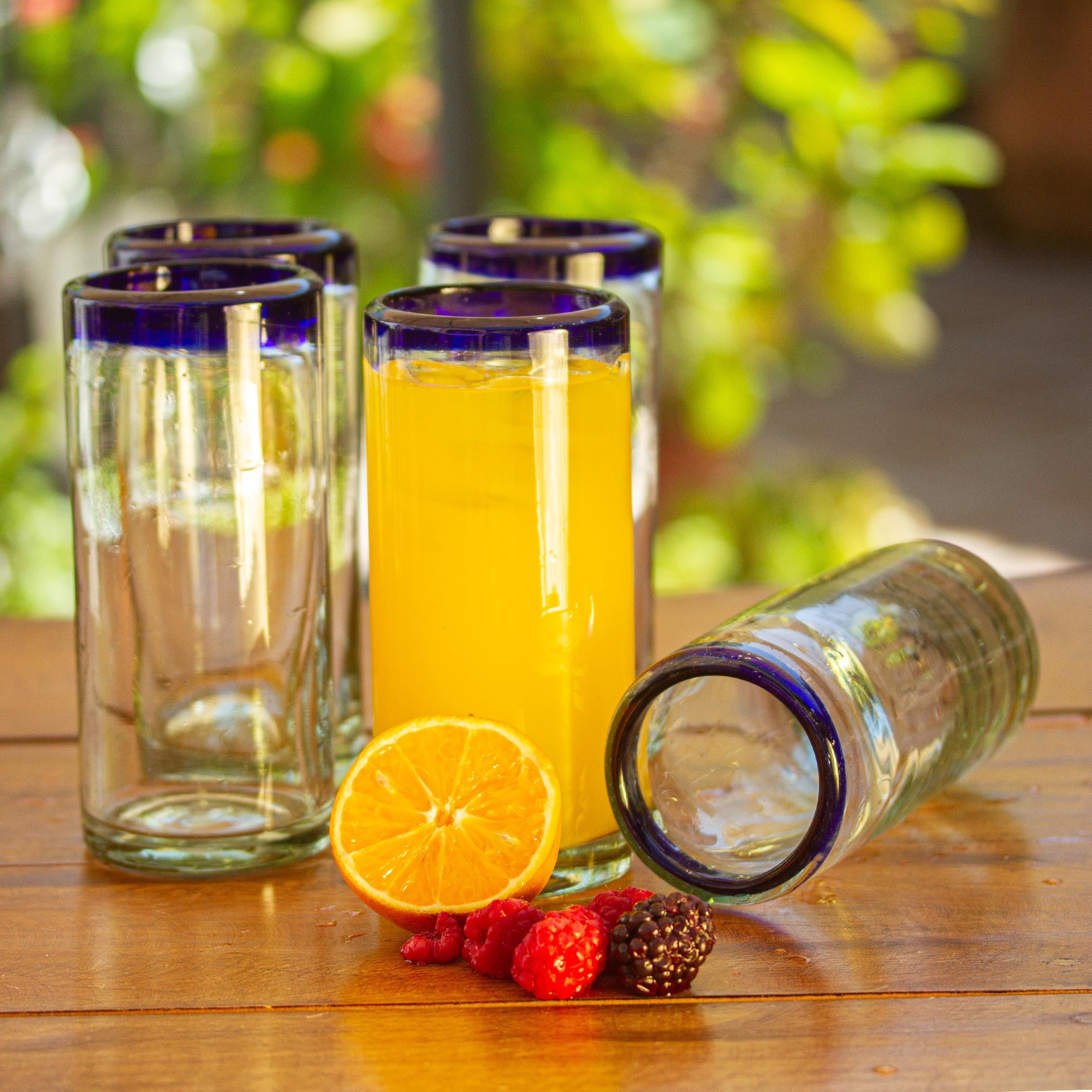 Premium Handblown Cobalt Blue Rim Highball Tumbler Set - Unique Glassware