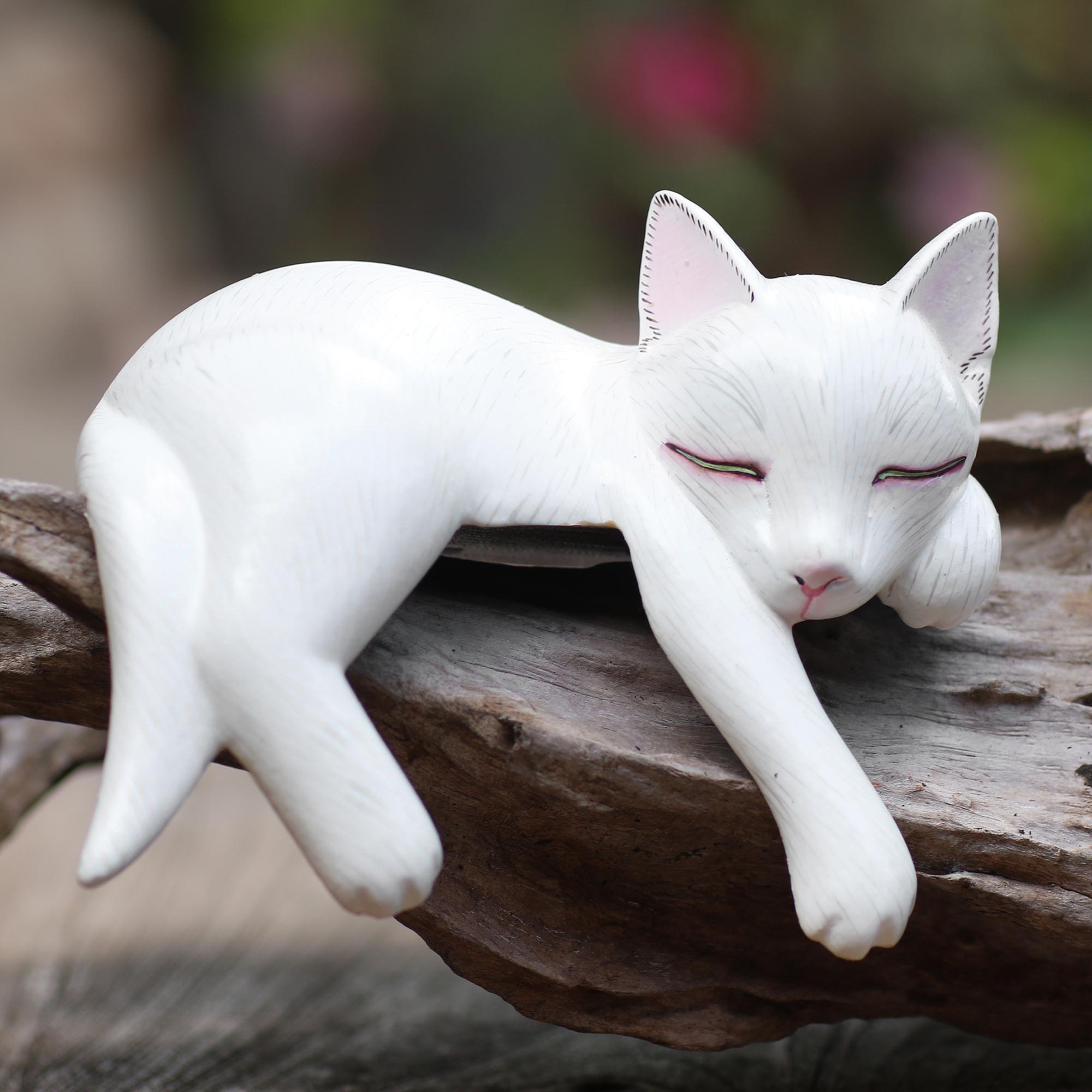 Premium Hand-Carved Suar Wood Cat Statue: White Lounging Cat